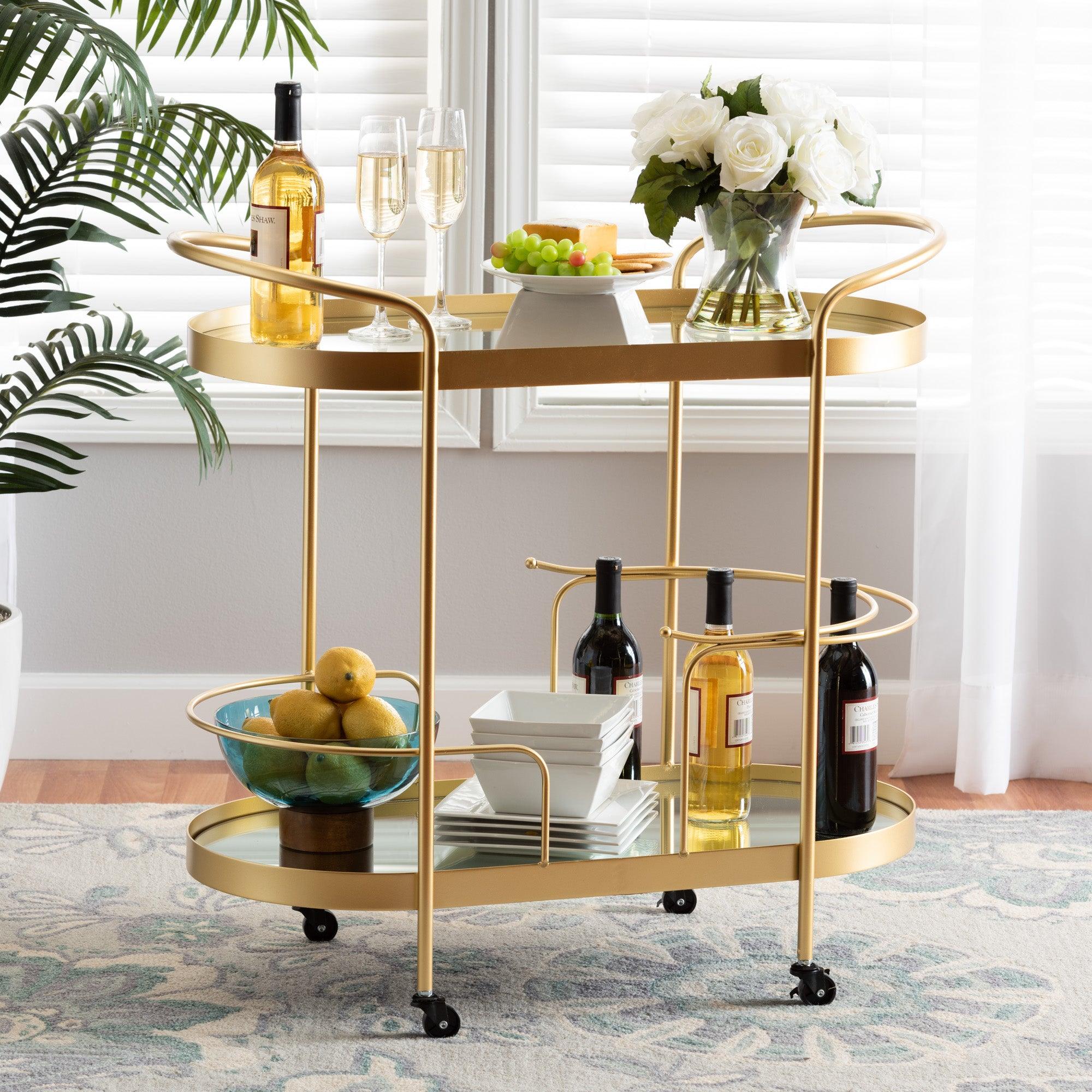 Kamal Modern and Contemporary Glam Brushed Finished Metal and Mirrored Glass 2-Tier Mobile Wine Bar Cart