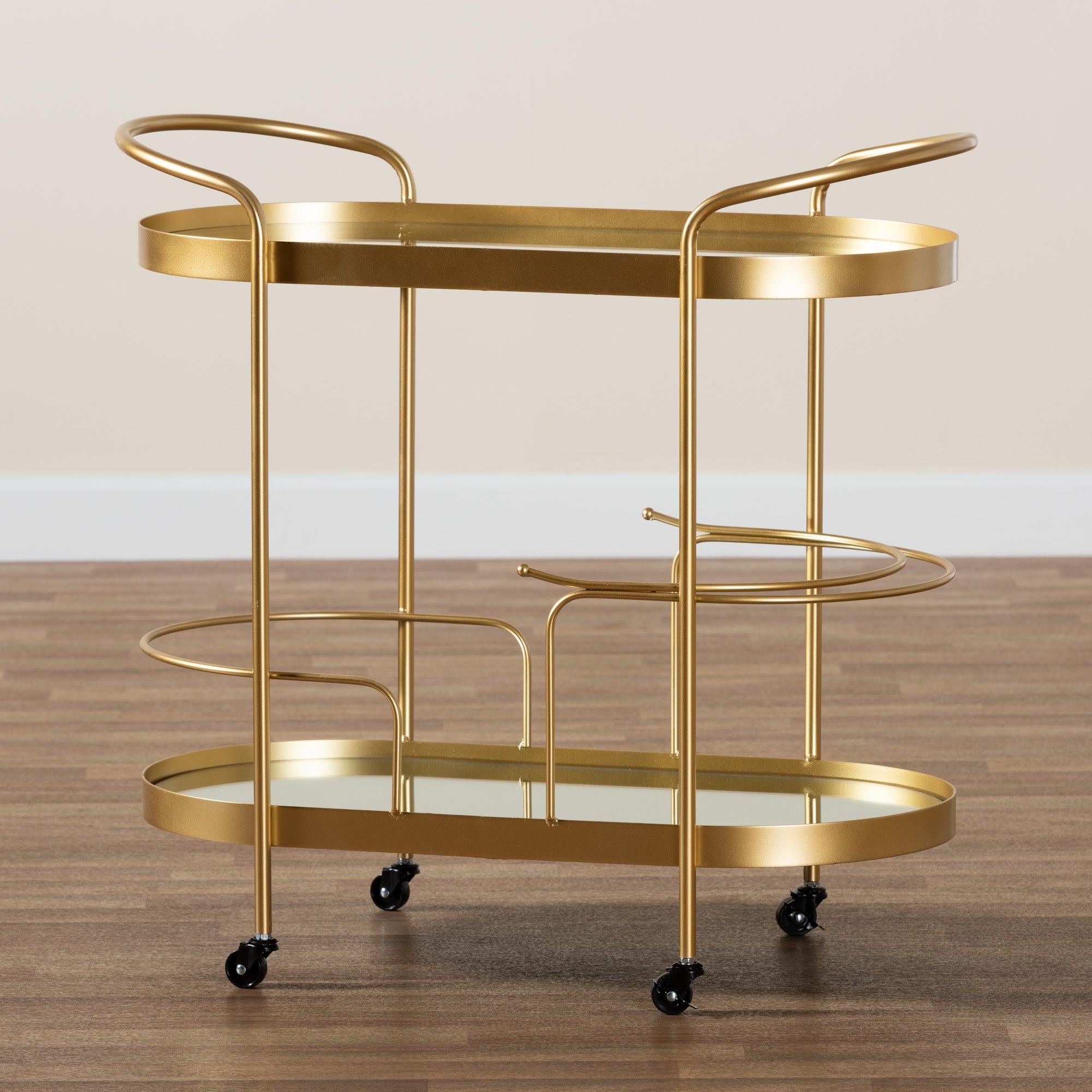 Kamal Modern and Contemporary Glam Brushed Finished Metal and Mirrored Glass 2-Tier Mobile Wine Bar Cart