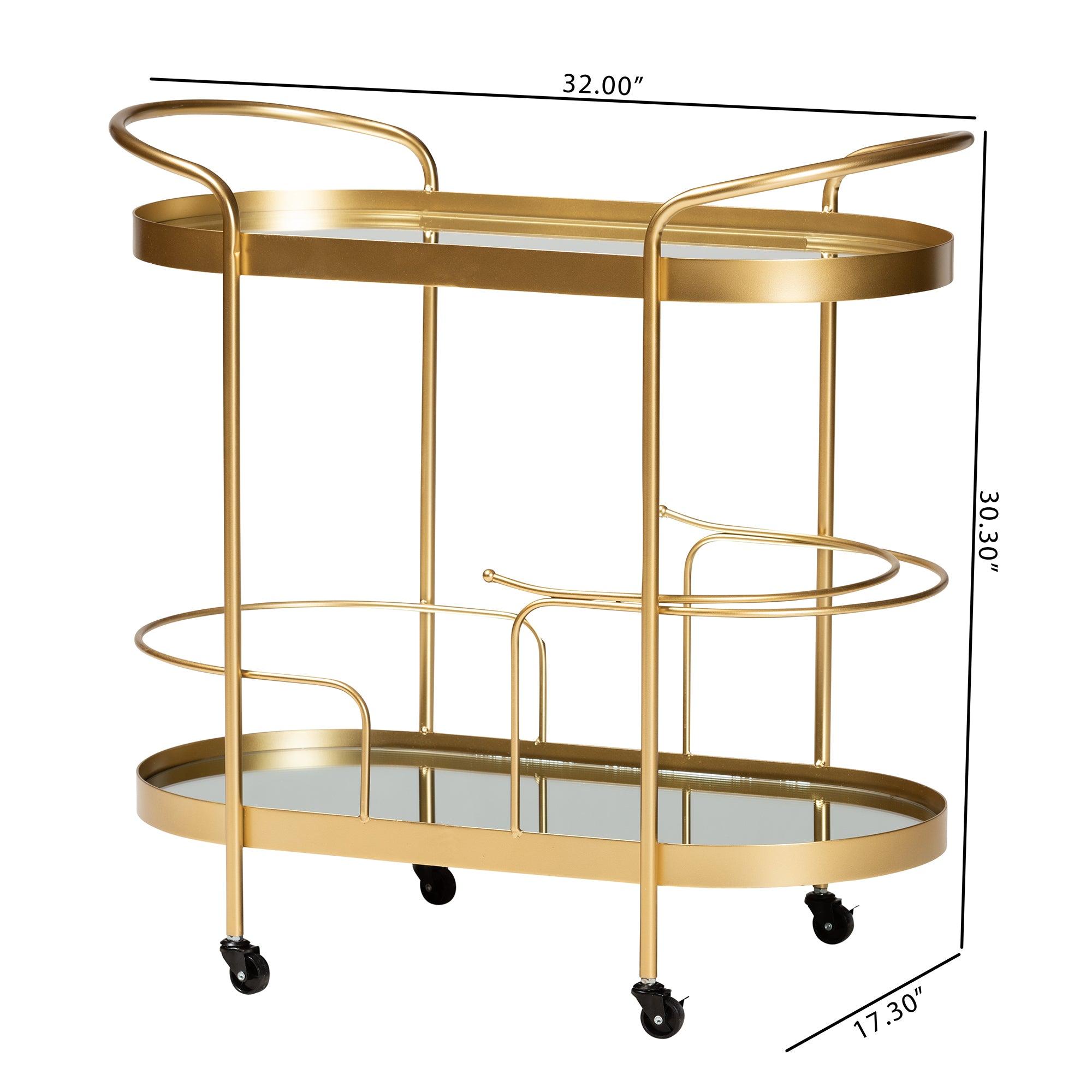 Kamal Modern and Contemporary Glam Brushed Finished Metal and Mirrored Glass 2-Tier Mobile Wine Bar Cart