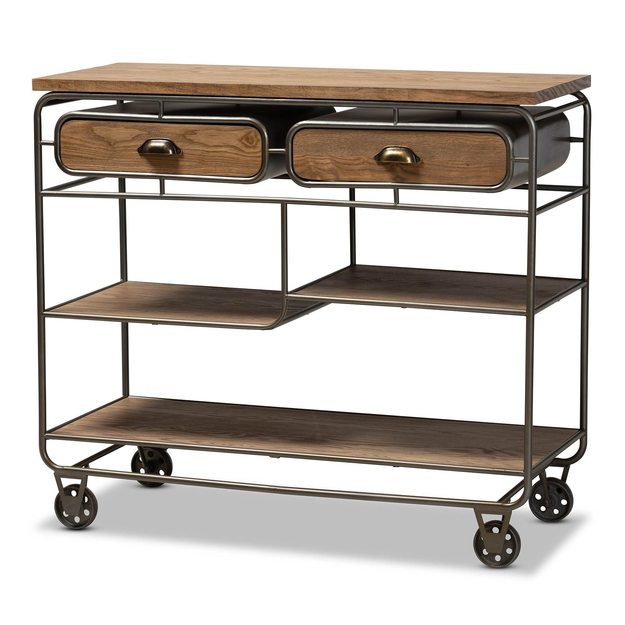 Grant Vintage Rustic Industrial Finished Wood and Finished Metal 2-Drawer Kitchen Cart