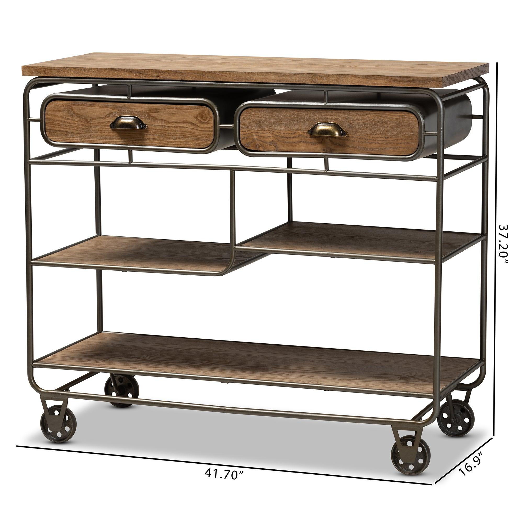 Grant Vintage Rustic Industrial Finished Wood and Finished Metal 2-Drawer Kitchen Cart