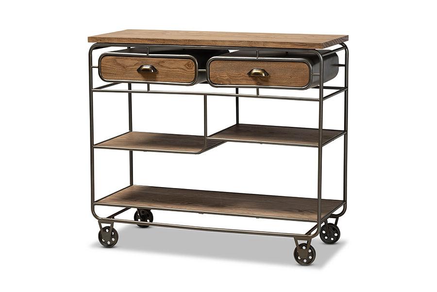 Grant Vintage Rustic Industrial Finished Wood and Finished Metal 2-Drawer Kitchen Cart