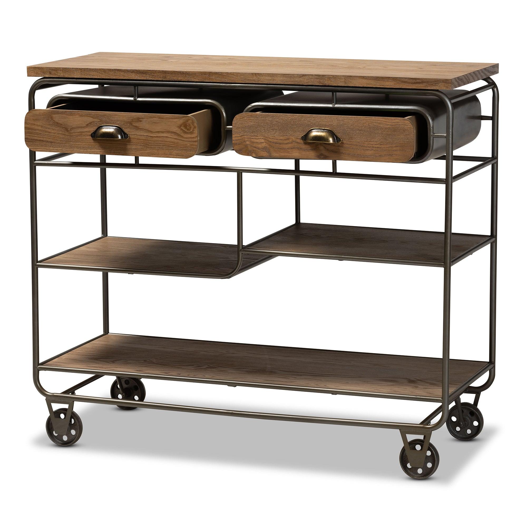 Grant Vintage Rustic Industrial Finished Wood and Finished Metal 2-Drawer Kitchen Cart