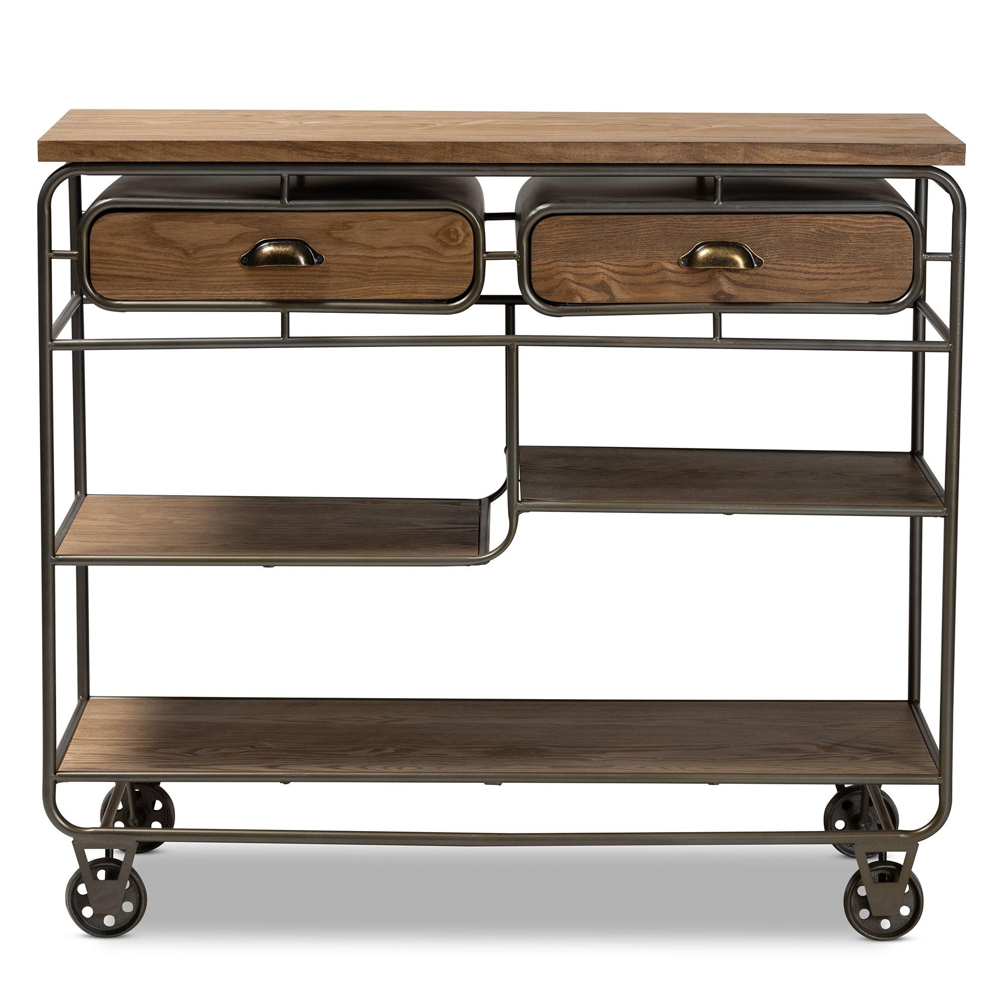 Grant Vintage Rustic Industrial Finished Wood and Finished Metal 2-Drawer Kitchen Cart