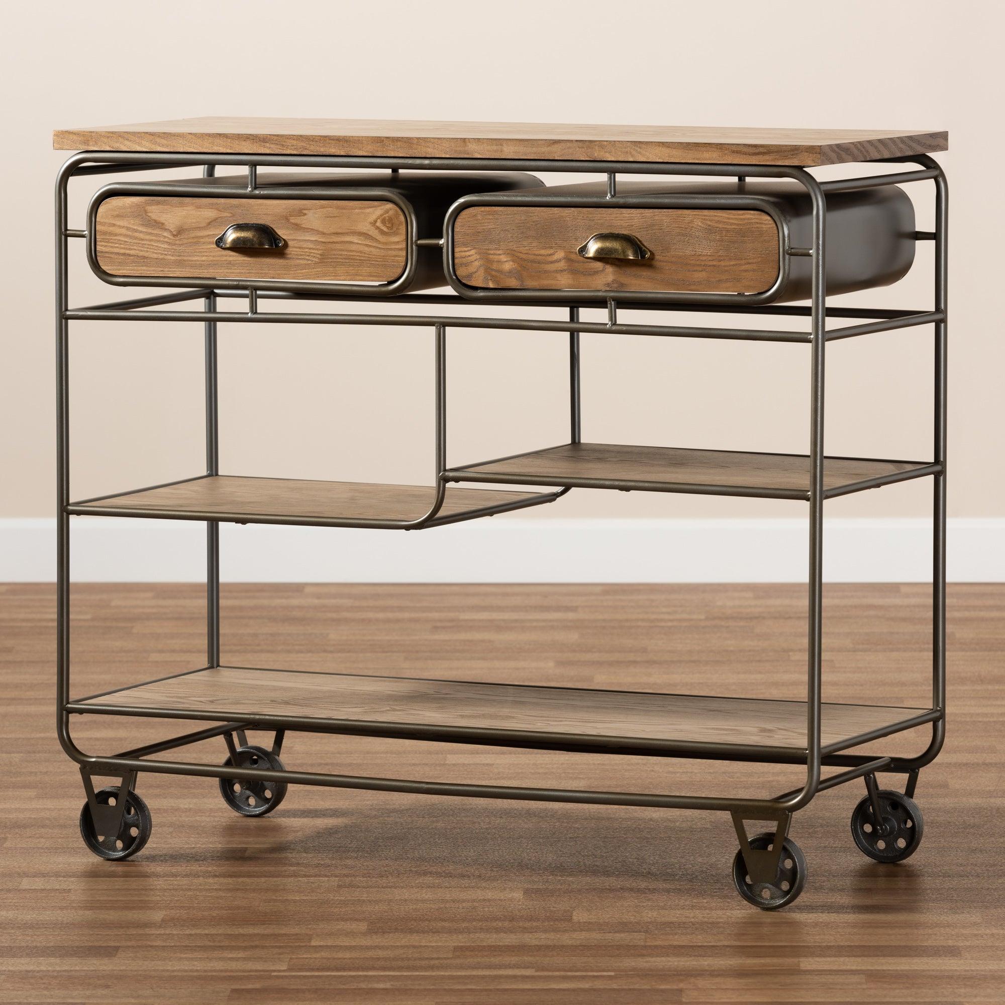 Grant Vintage Rustic Industrial Finished Wood and Finished Metal 2-Drawer Kitchen Cart