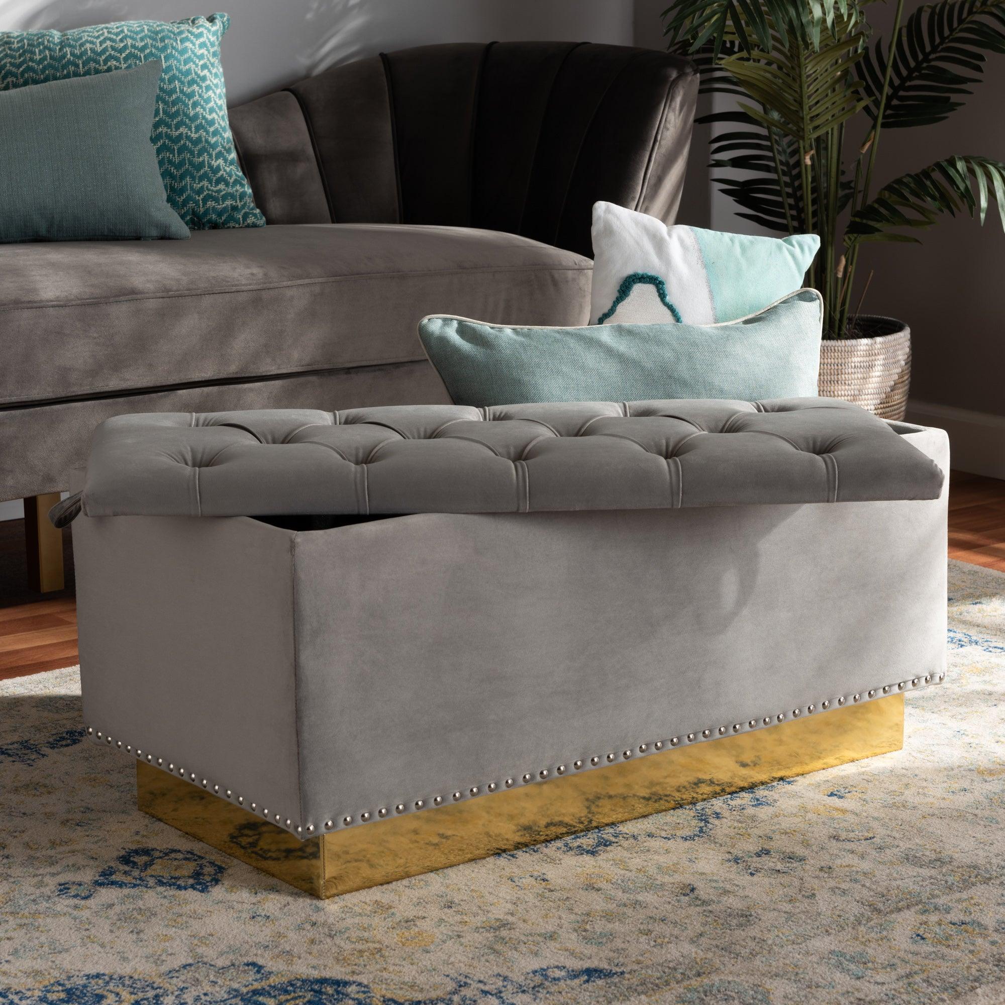 Powell Glam and Luxe Velvet Fabric Upholstered and PU Leather Storage Ottoman