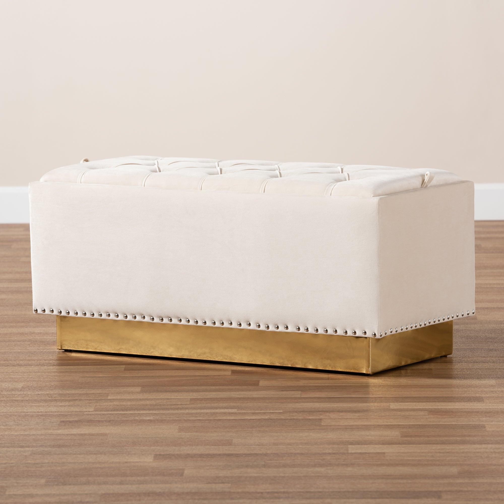 Powell Glam and Luxe Velvet Fabric Upholstered and PU Leather Storage Ottoman