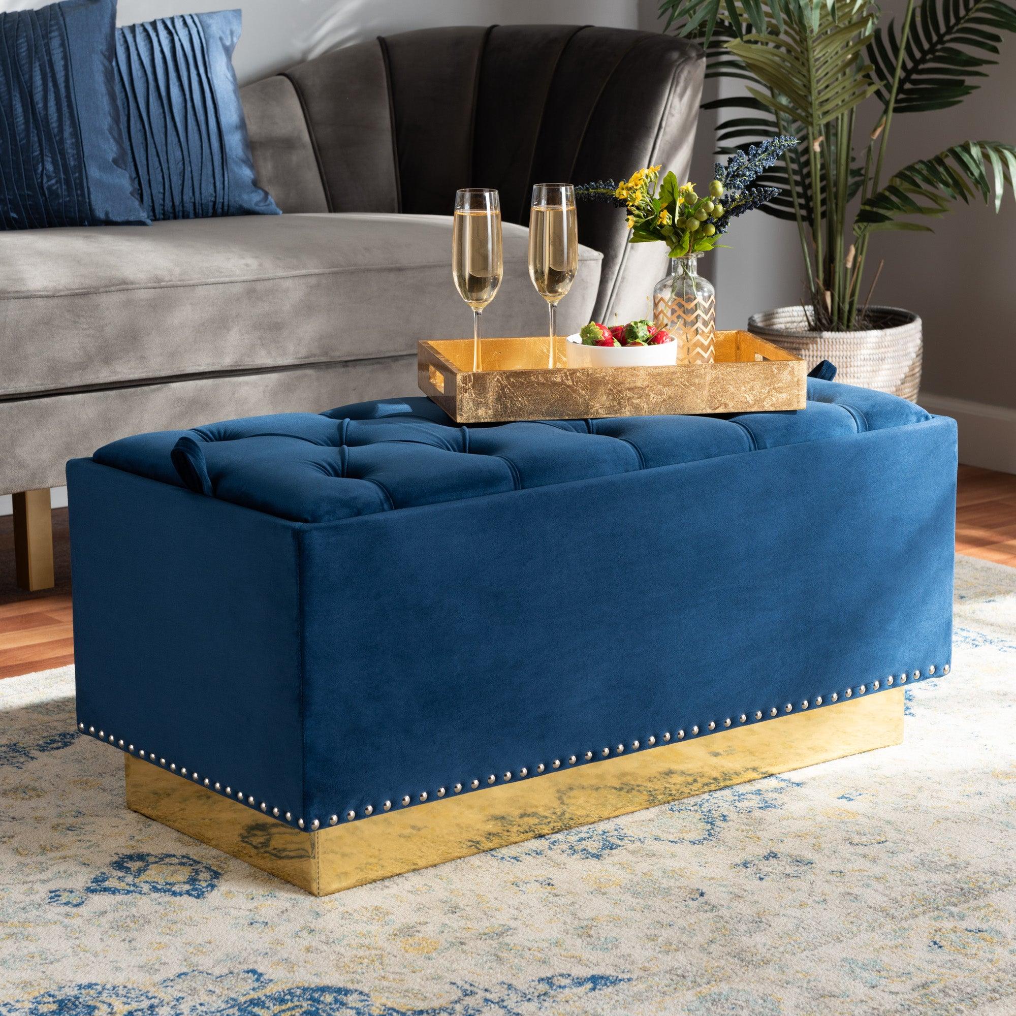 Powell Glam and Luxe Velvet Fabric Upholstered and PU Leather Storage Ottoman