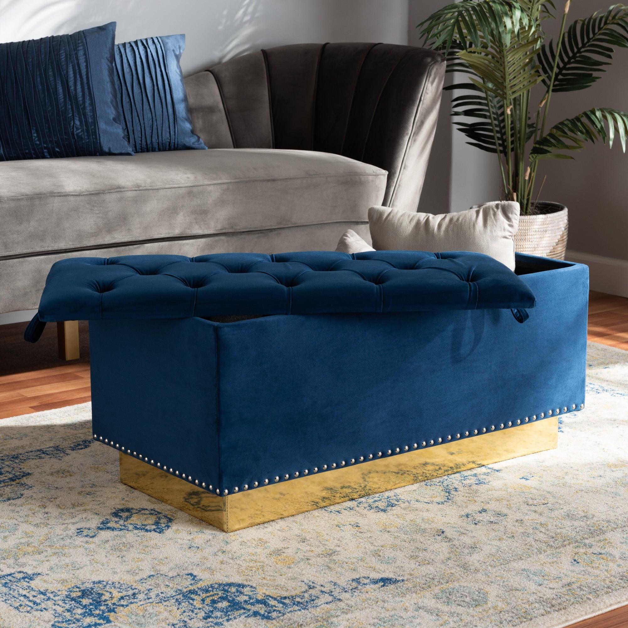 Powell Glam and Luxe Velvet Fabric Upholstered and PU Leather Storage Ottoman