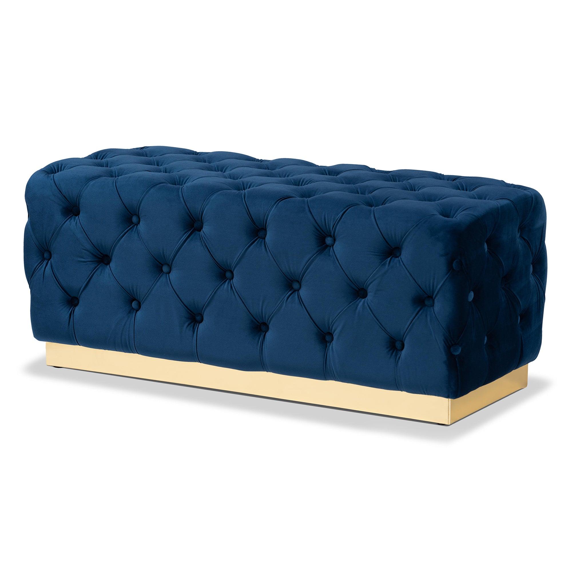 Corrine Glam and Luxe Velvet Fabric Upholstered and PU Leather Ottoman