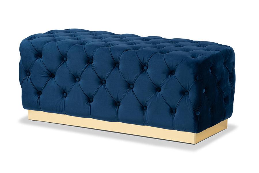 Corrine Glam and Luxe Velvet Fabric Upholstered and PU Leather Ottoman