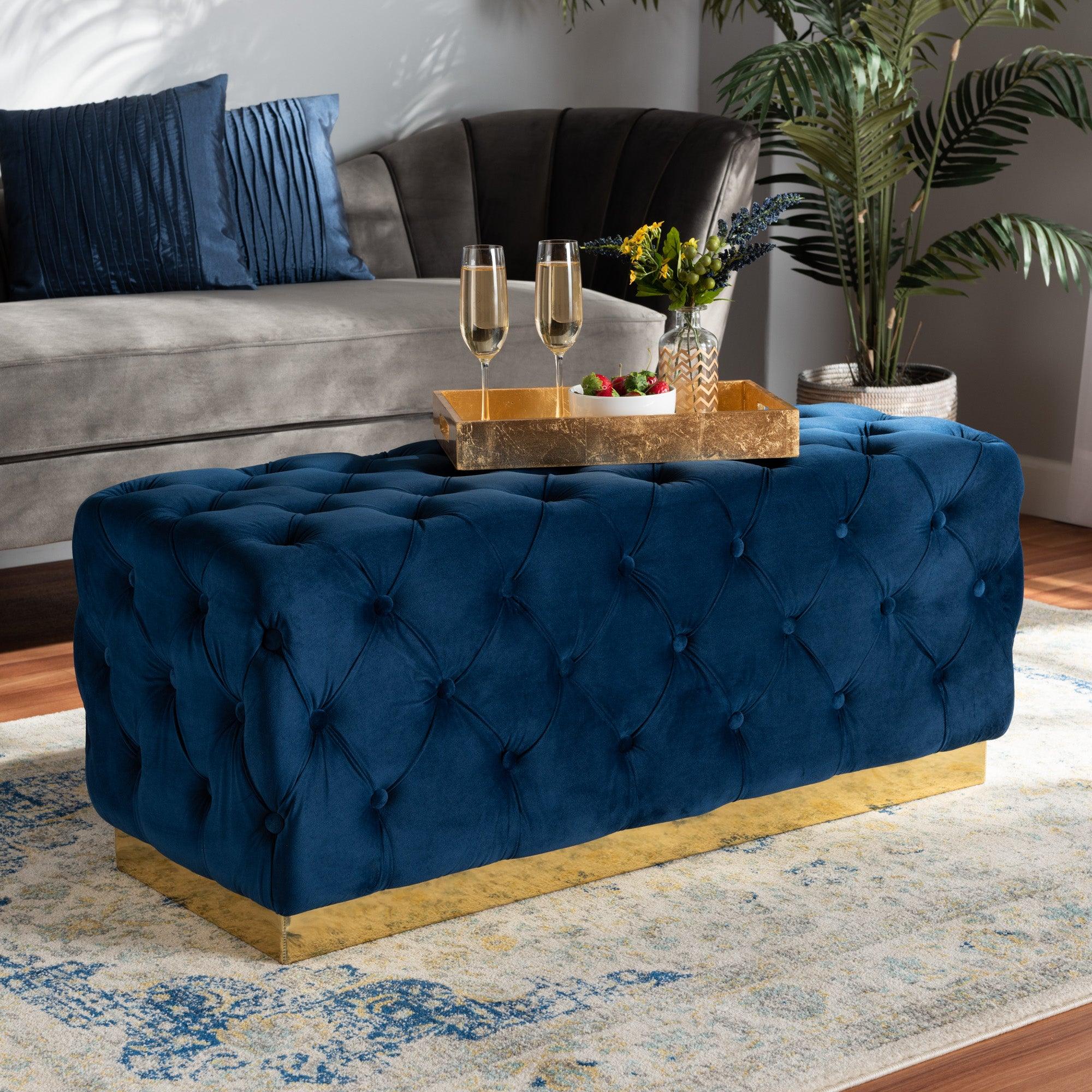 Corrine Glam and Luxe Velvet Fabric Upholstered and PU Leather Ottoman