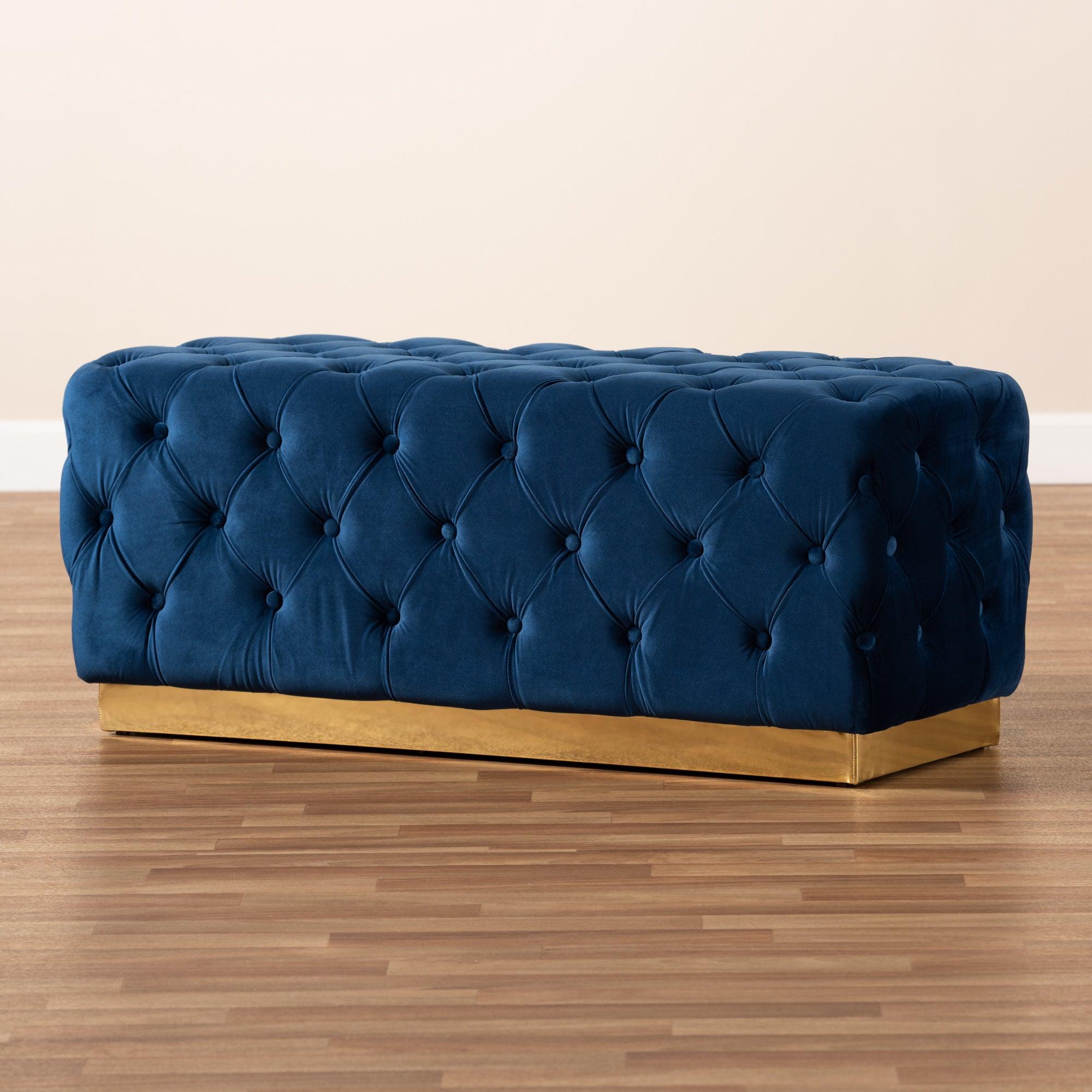 Corrine Glam and Luxe Velvet Fabric Upholstered and PU Leather Ottoman