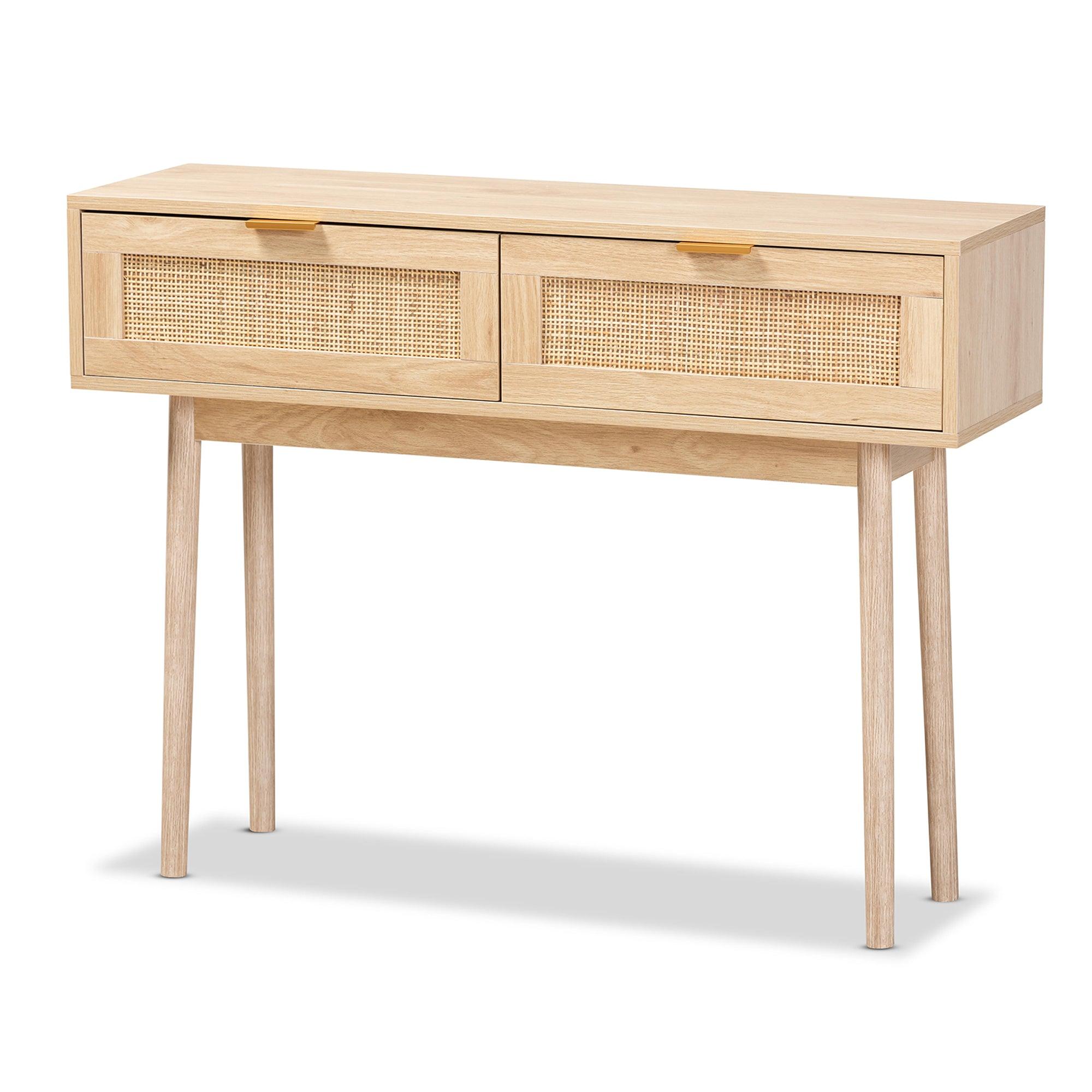 Baird Mid-Century Modern Light Finished Wood and Rattan 2-Drawer Console Table