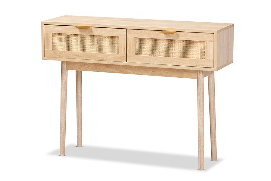 Baird Mid-Century Modern Light Finished Wood and Rattan 2-Drawer Console Table