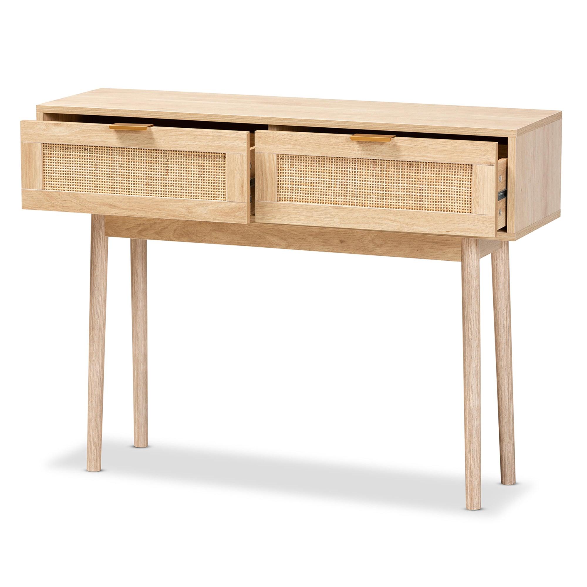 Baird Mid-Century Modern Light Finished Wood and Rattan 2-Drawer Console Table