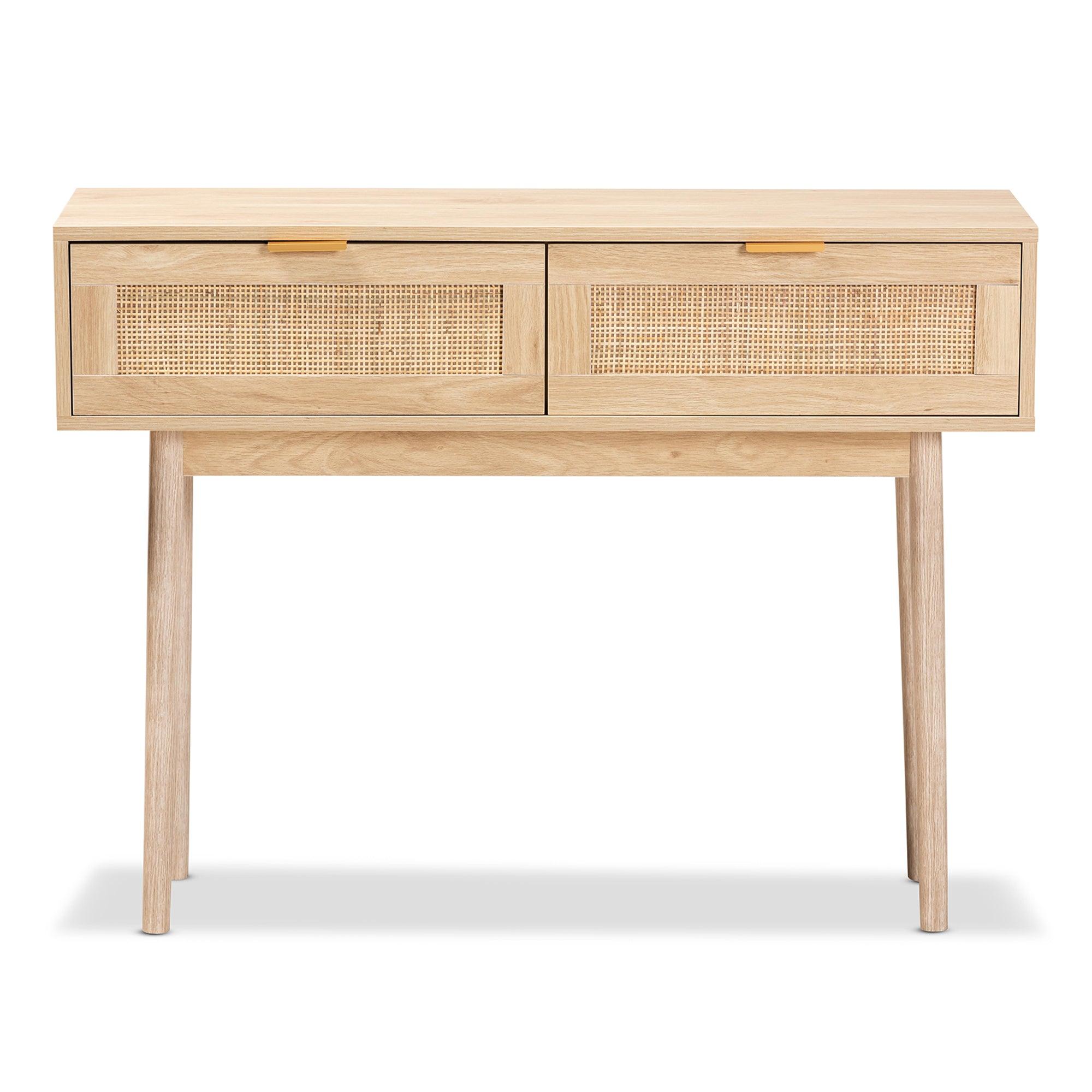 Baird Mid-Century Modern Light Finished Wood and Rattan 2-Drawer Console Table