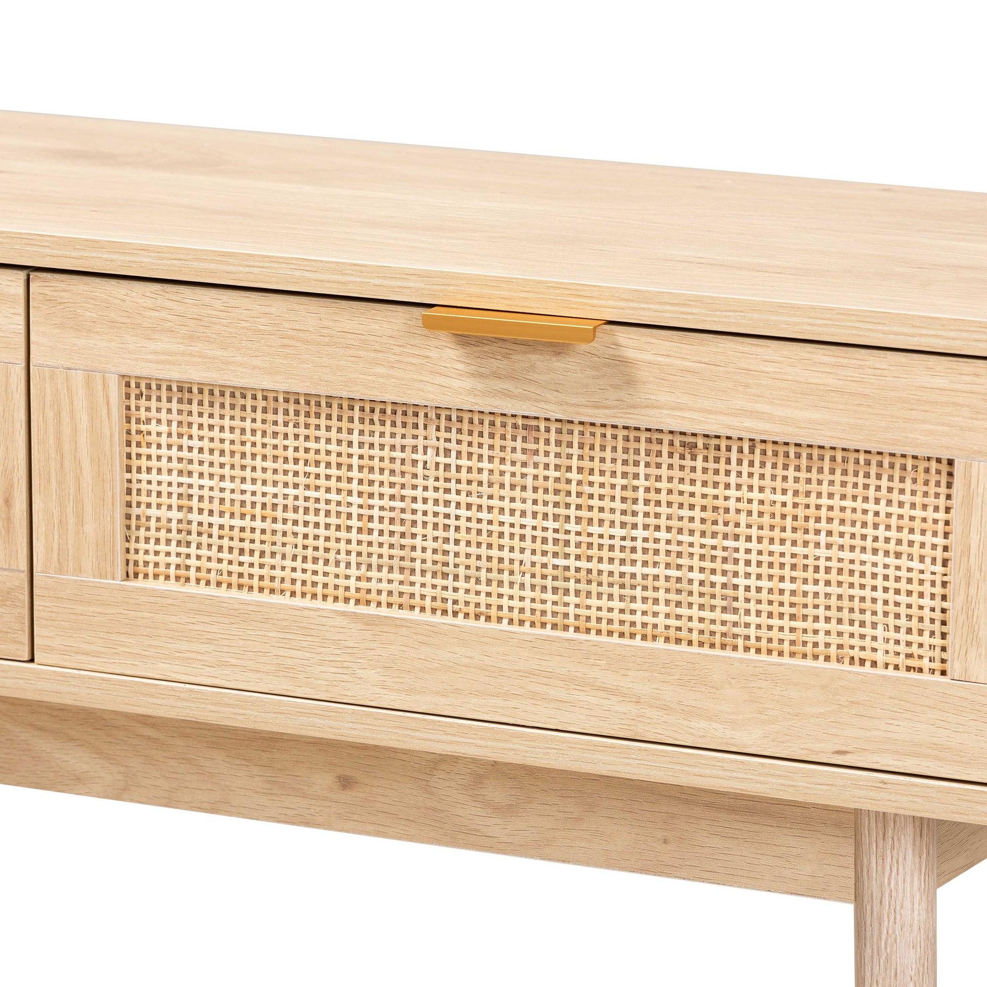 Baird Mid-Century Modern Light Finished Wood and Rattan 2-Drawer Console Table