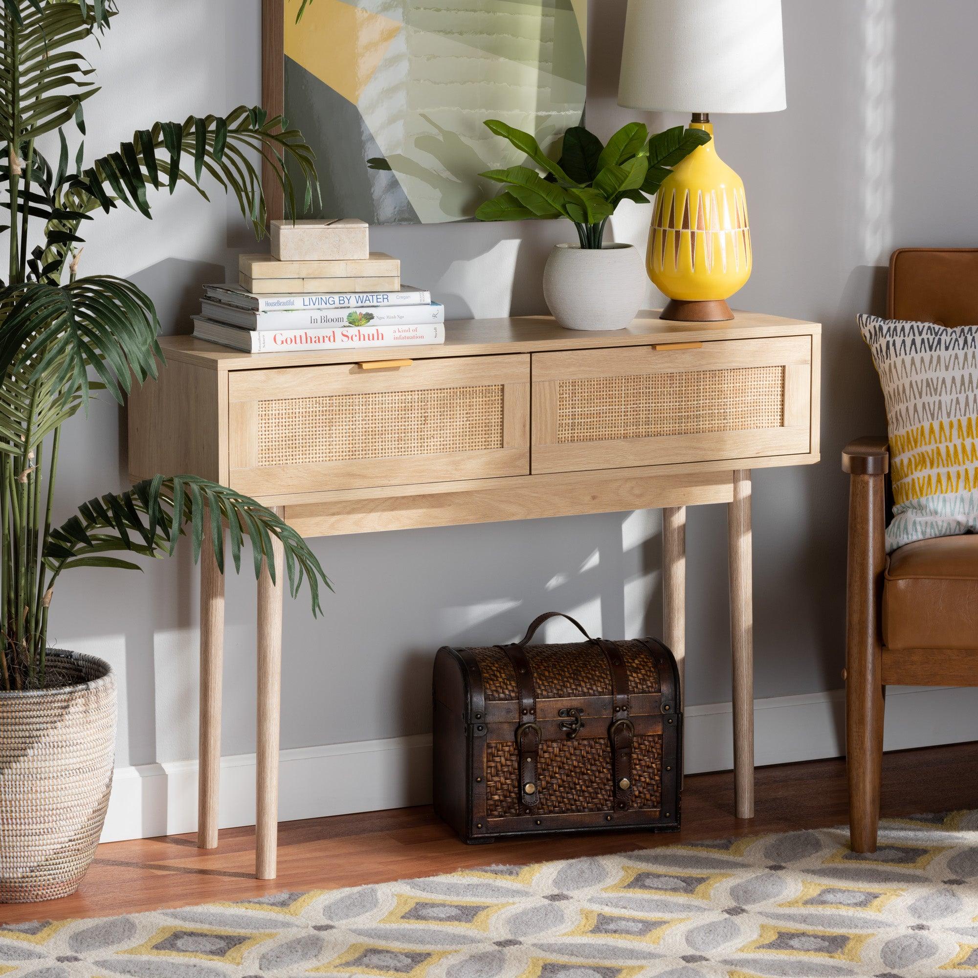 Baird Mid-Century Modern Light Finished Wood and Rattan 2-Drawer Console Table