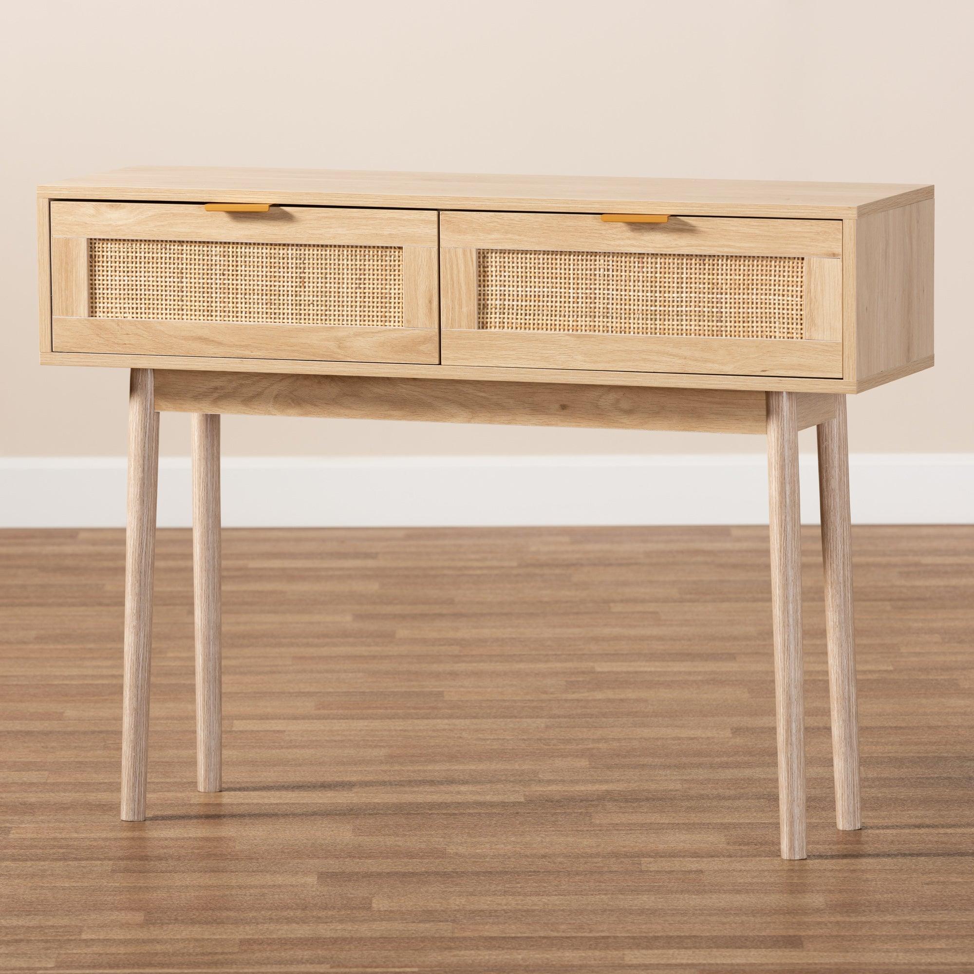 Baird Mid-Century Modern Light Finished Wood and Rattan 2-Drawer Console Table