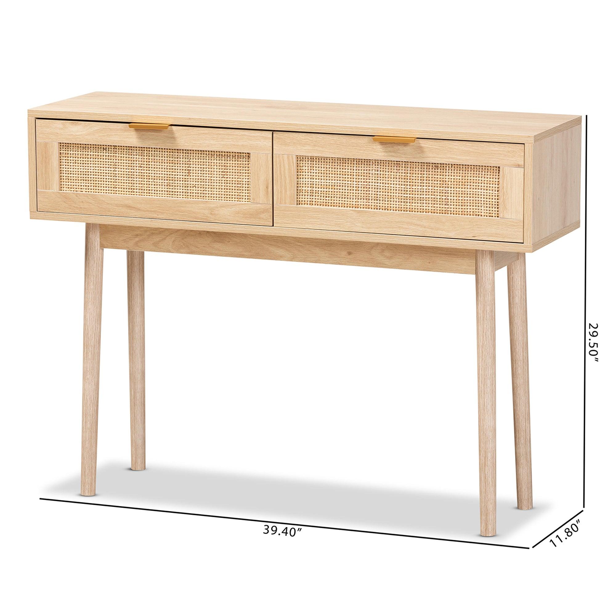 Baird Mid-Century Modern Light Finished Wood and Rattan 2-Drawer Console Table