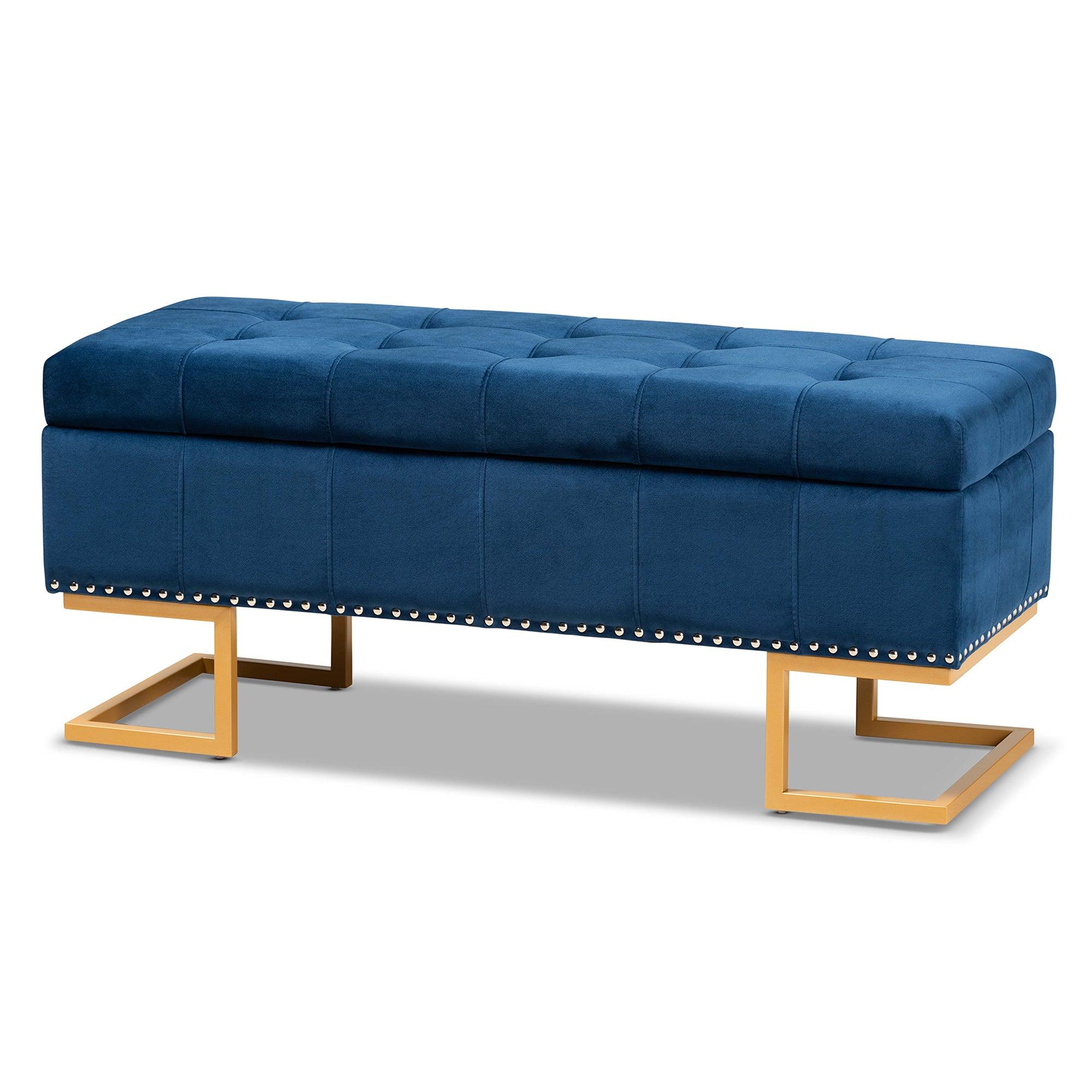 Ellery Luxe and Glam Velvet Fabric Upholstered and Finished Metal Storage Ottoman