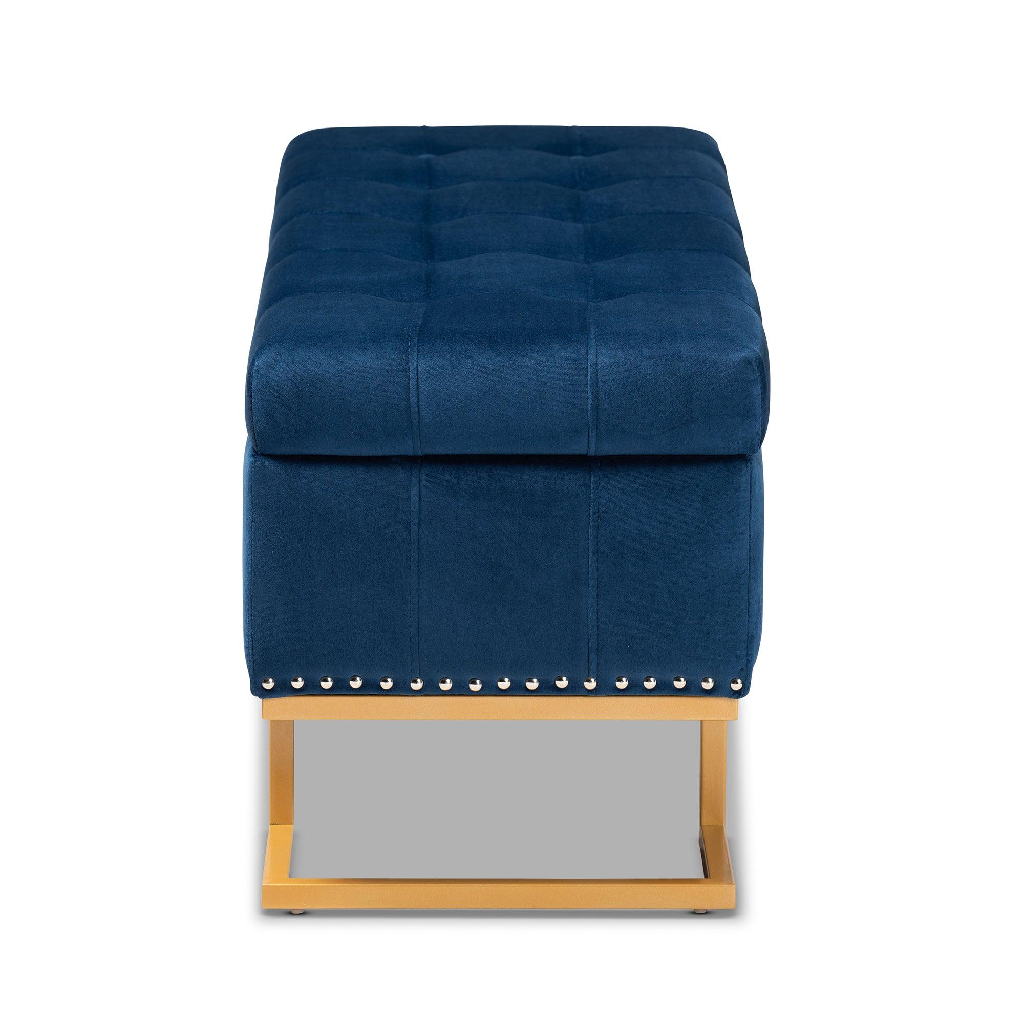 Ellery Luxe and Glam Velvet Fabric Upholstered and Finished Metal Storage Ottoman