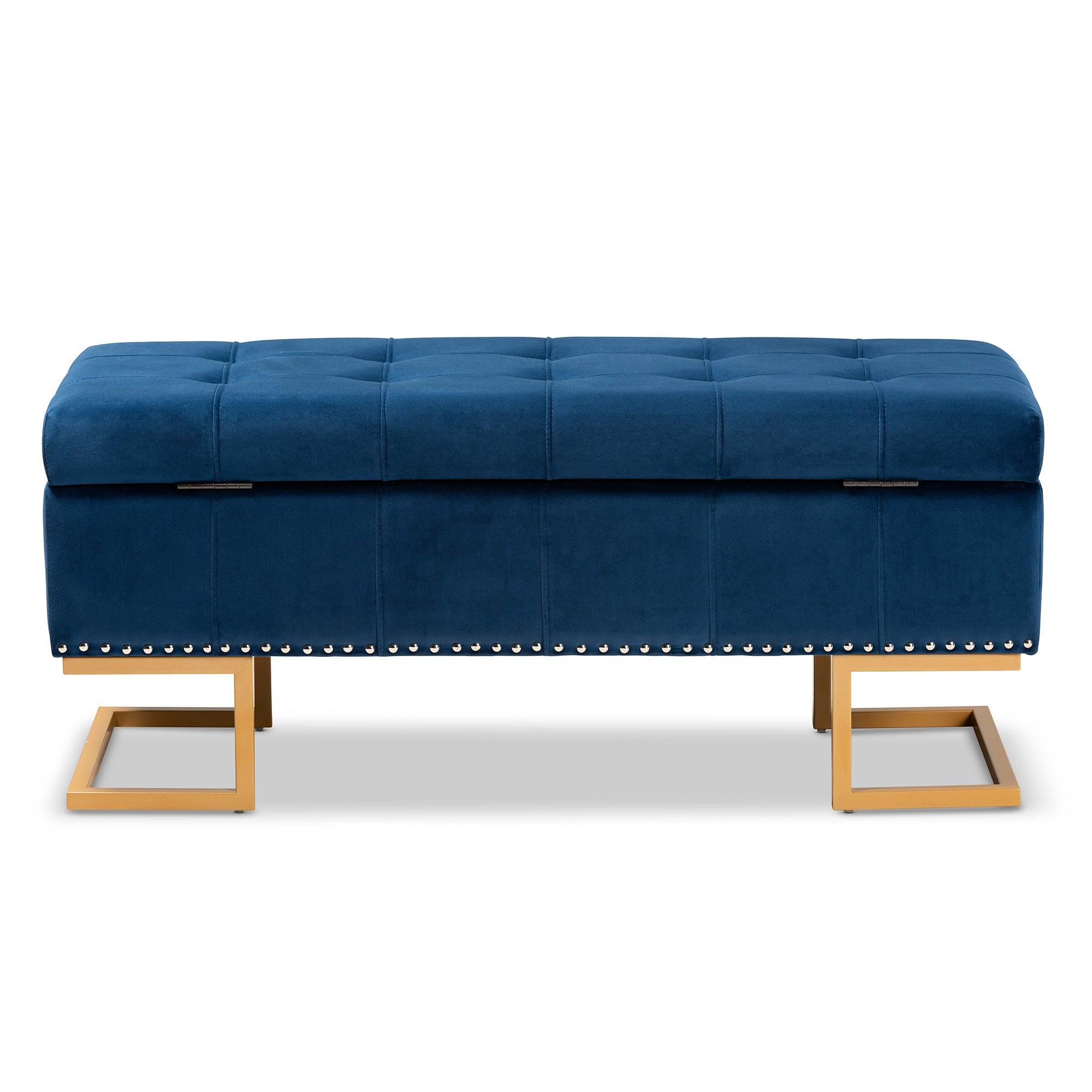 Ellery Luxe and Glam Velvet Fabric Upholstered and Finished Metal Storage Ottoman