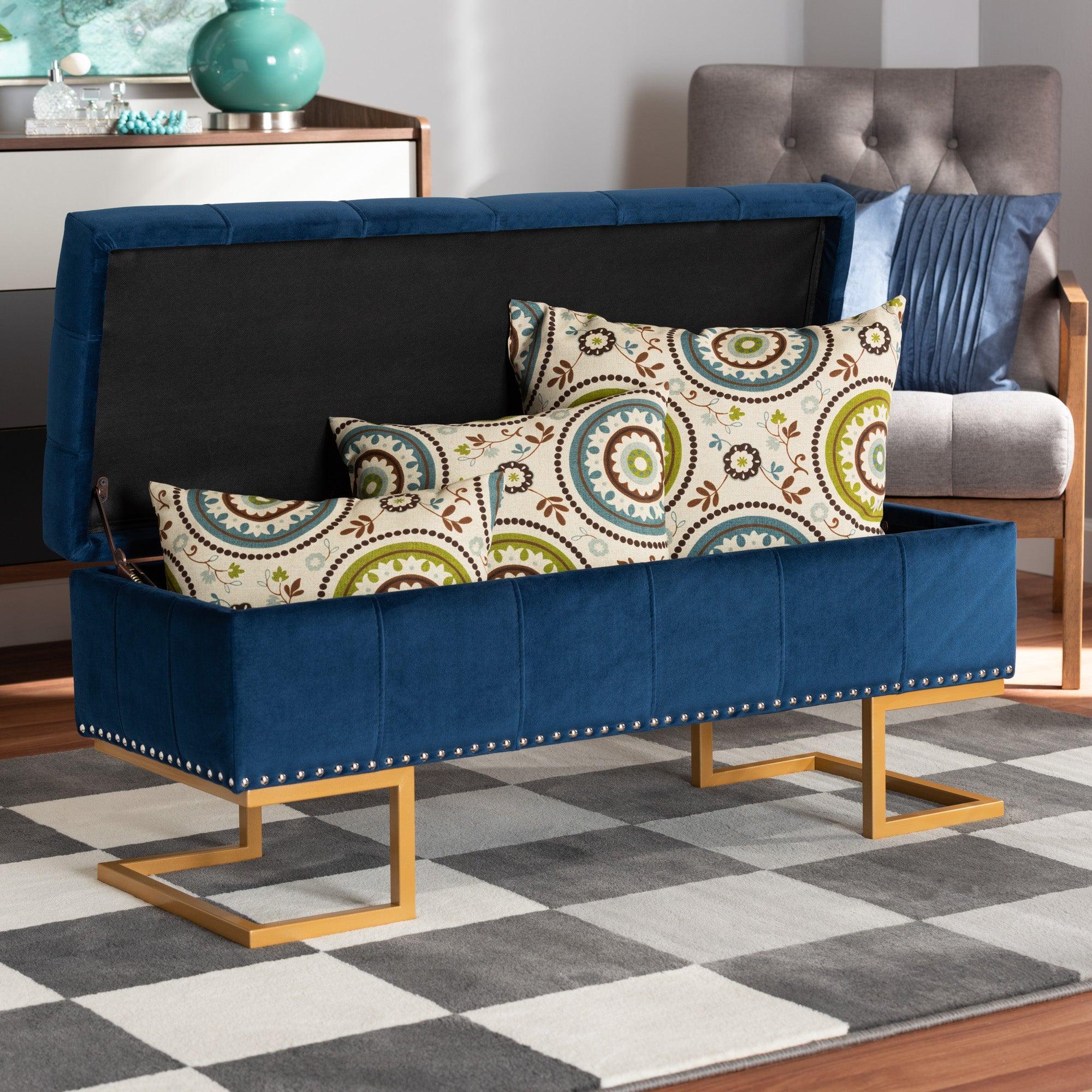 Ellery Luxe and Glam Velvet Fabric Upholstered and Finished Metal Storage Ottoman