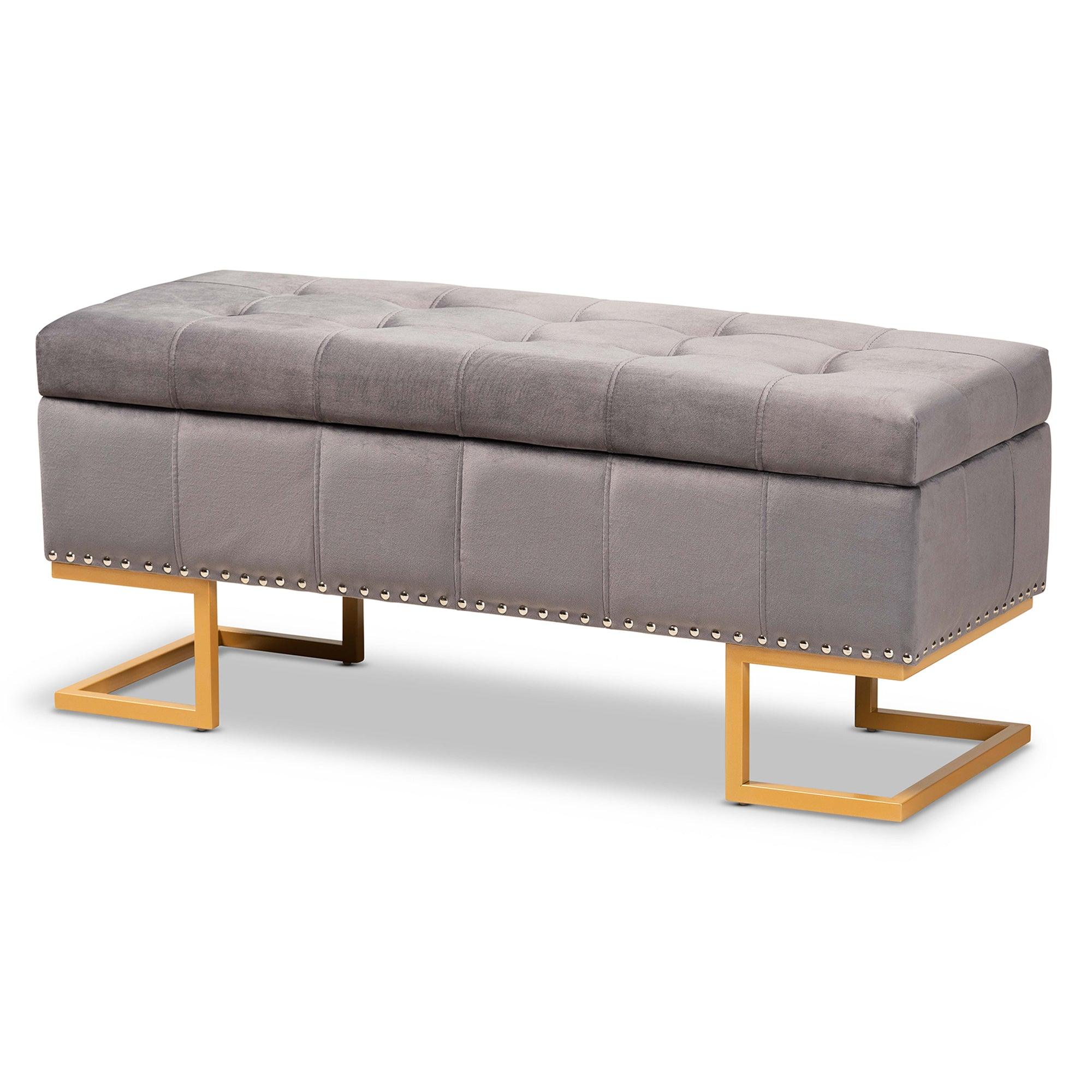 Ellery Luxe and Glam Velvet Fabric Upholstered and Finished Metal Storage Ottoman