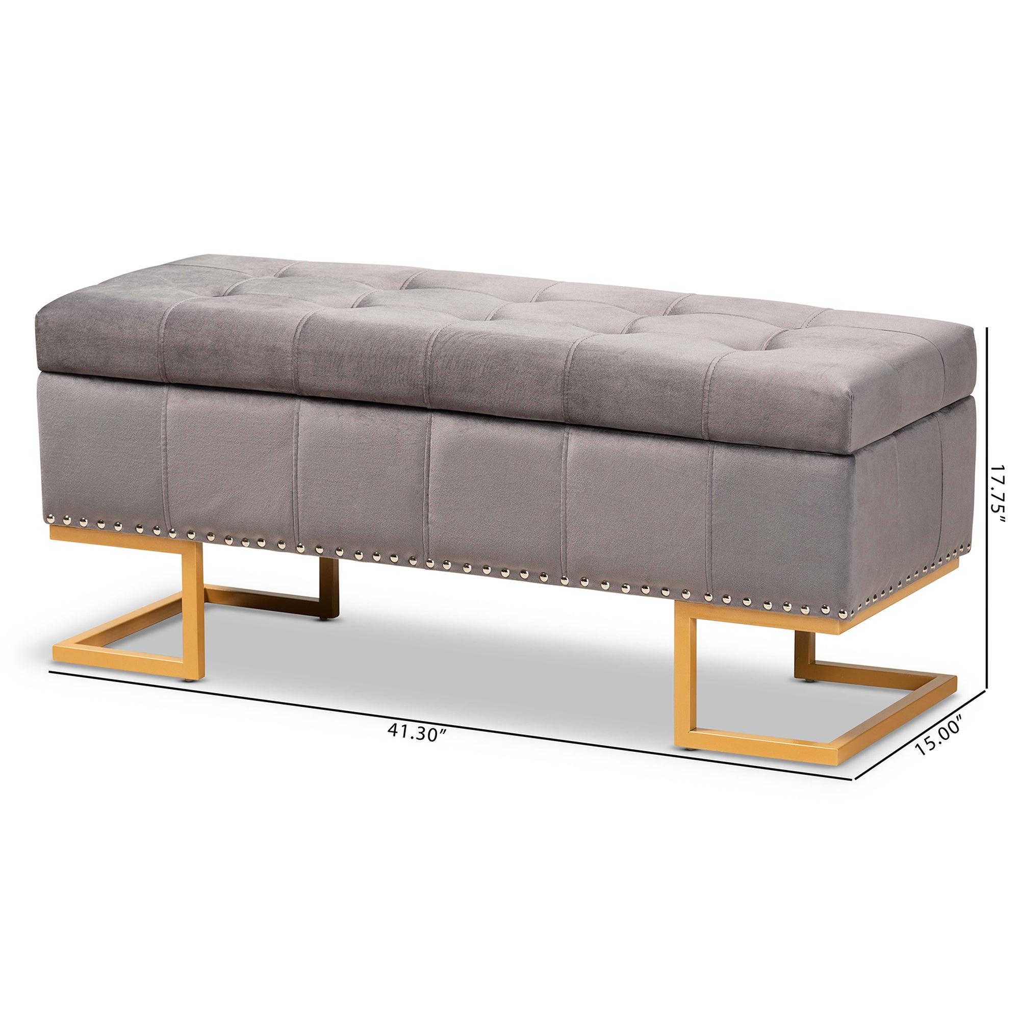 Ellery Luxe and Glam Velvet Fabric Upholstered and Finished Metal Storage Ottoman