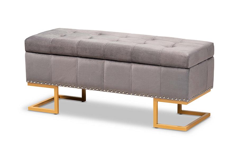 Ellery Luxe and Glam Velvet Fabric Upholstered and Finished Metal Storage Ottoman