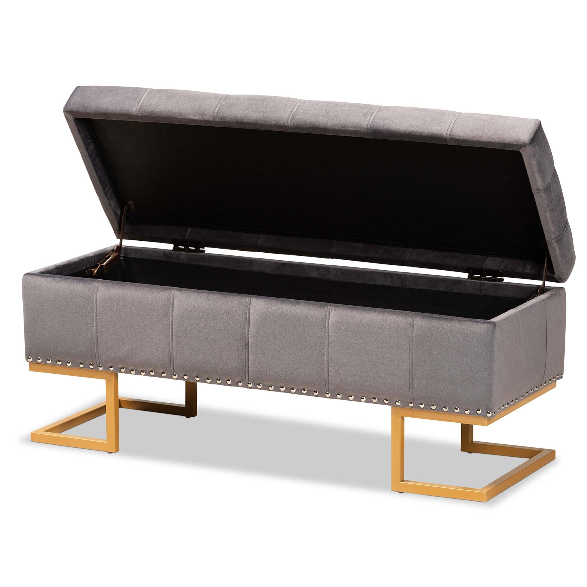 Ellery Luxe and Glam Velvet Fabric Upholstered and Finished Metal Storage Ottoman