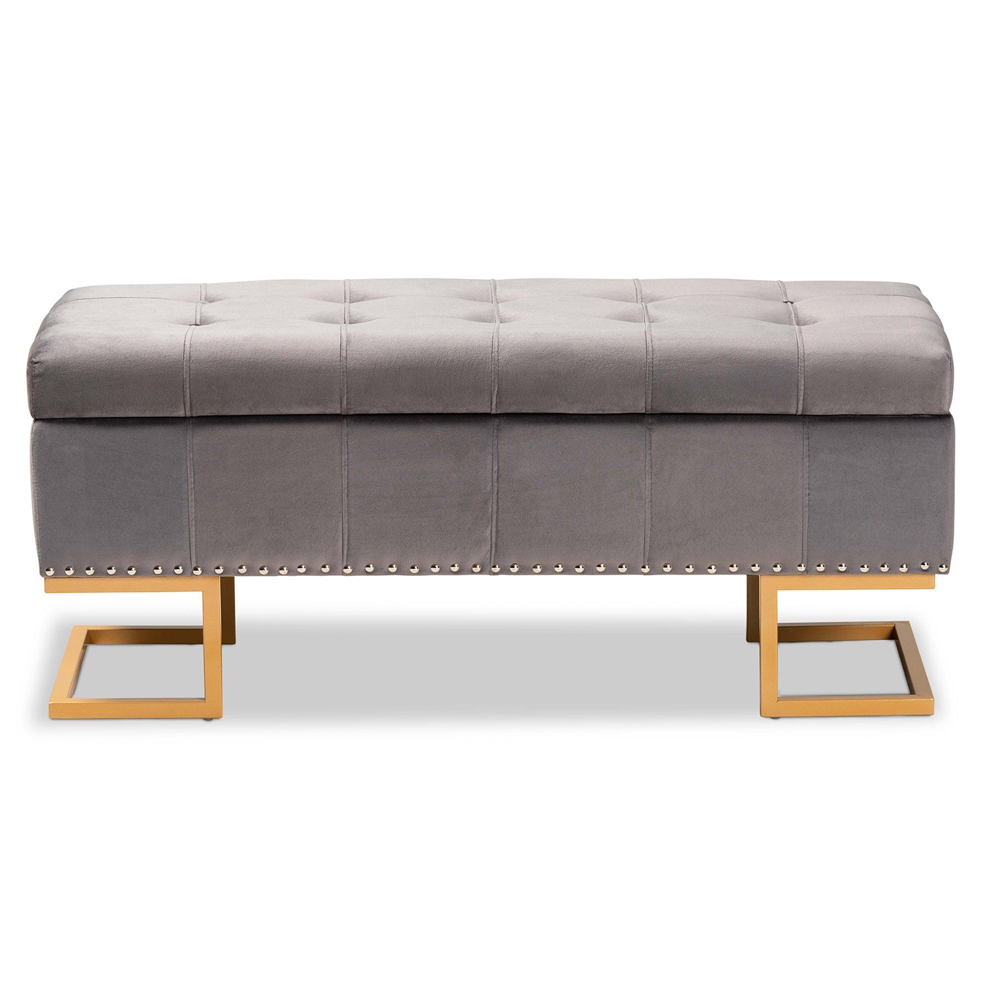 Ellery Luxe and Glam Velvet Fabric Upholstered and Finished Metal Storage Ottoman