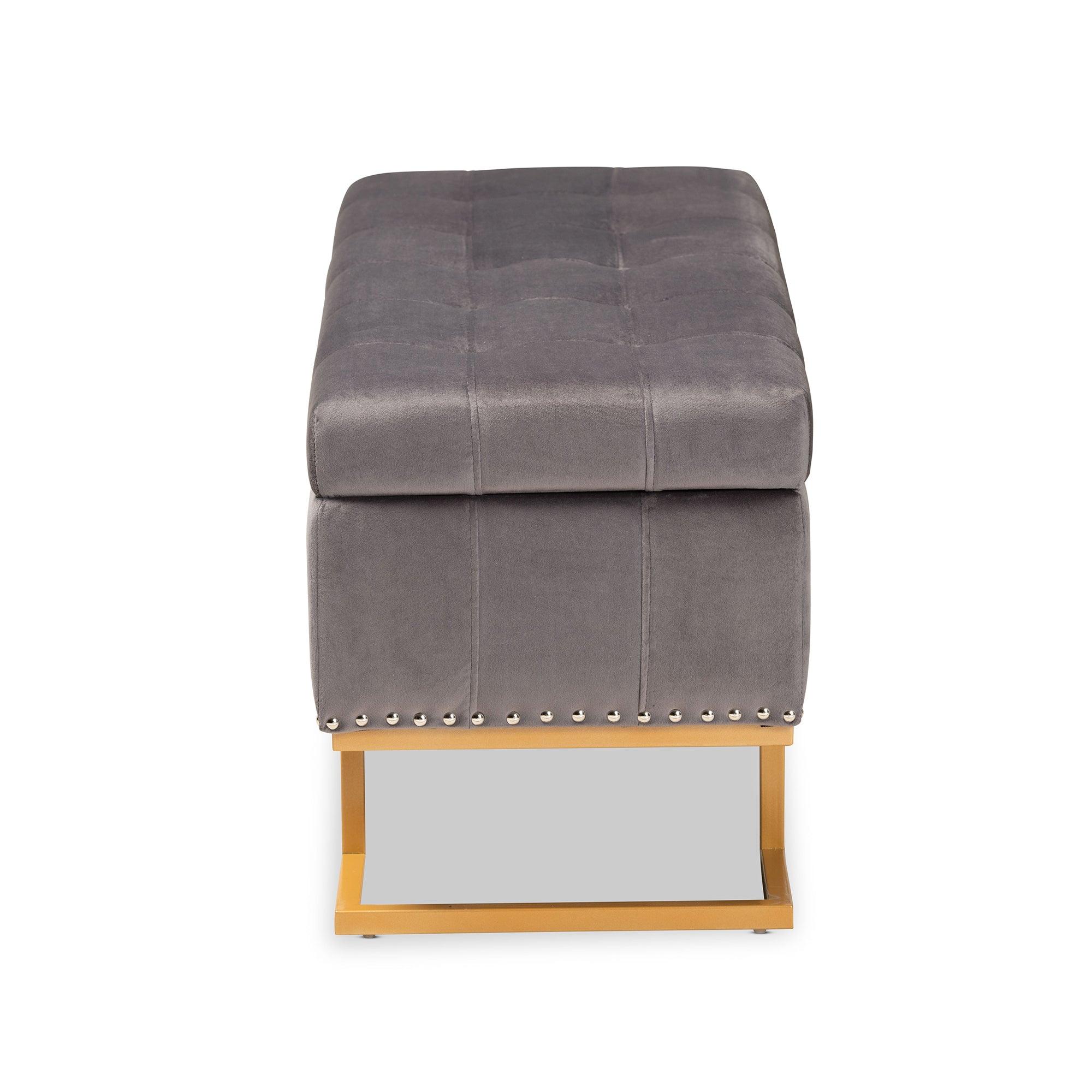 Ellery Luxe and Glam Velvet Fabric Upholstered and Finished Metal Storage Ottoman