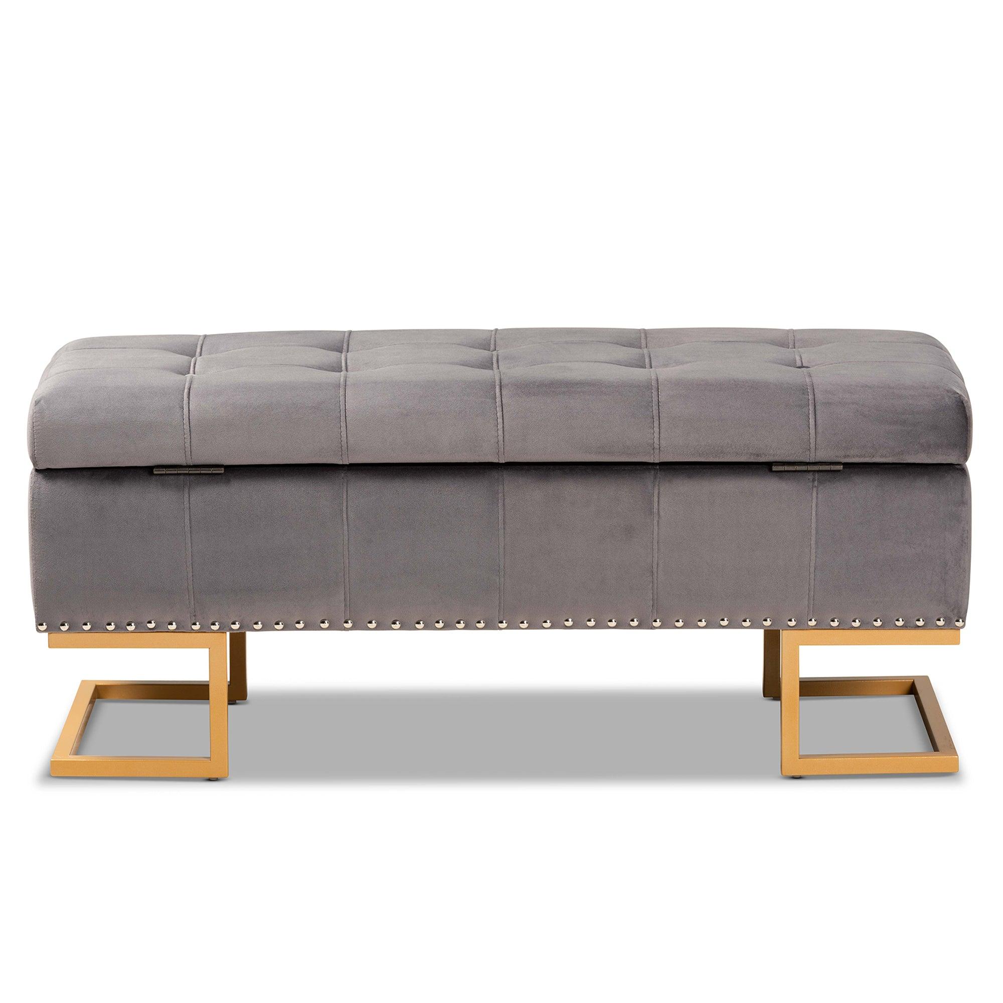 Ellery Luxe and Glam Velvet Fabric Upholstered and Finished Metal Storage Ottoman