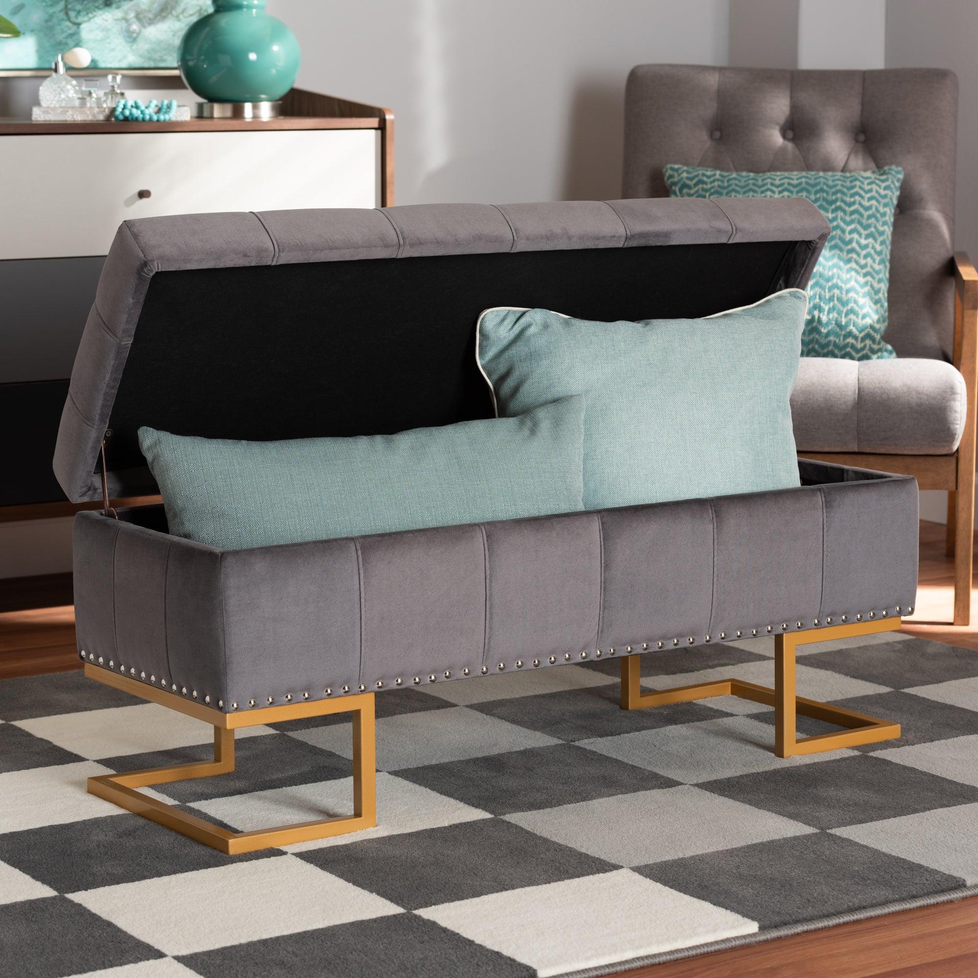 Ellery Luxe and Glam Velvet Fabric Upholstered and Finished Metal Storage Ottoman