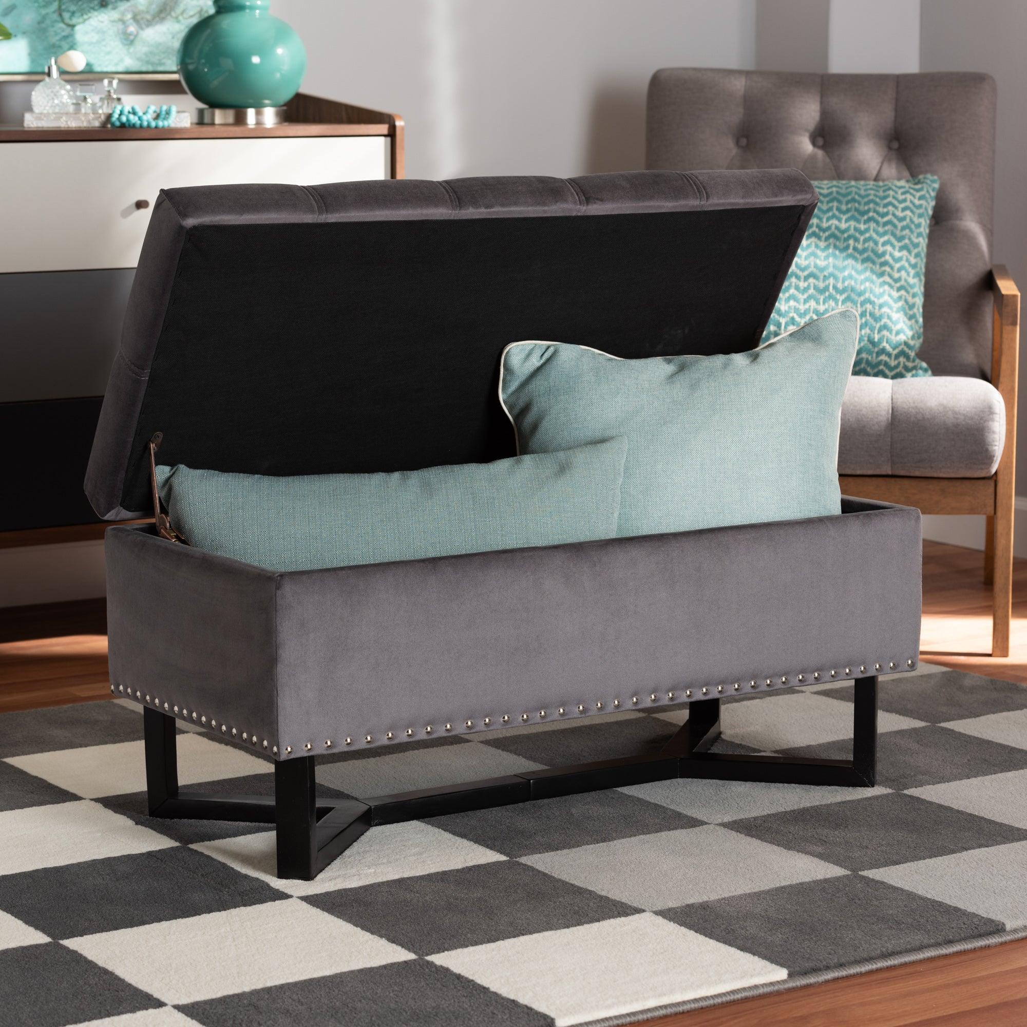 Esther Modern and Contemporary Velvet Fabric Upholstered and Finished Wood Storage Ottoman