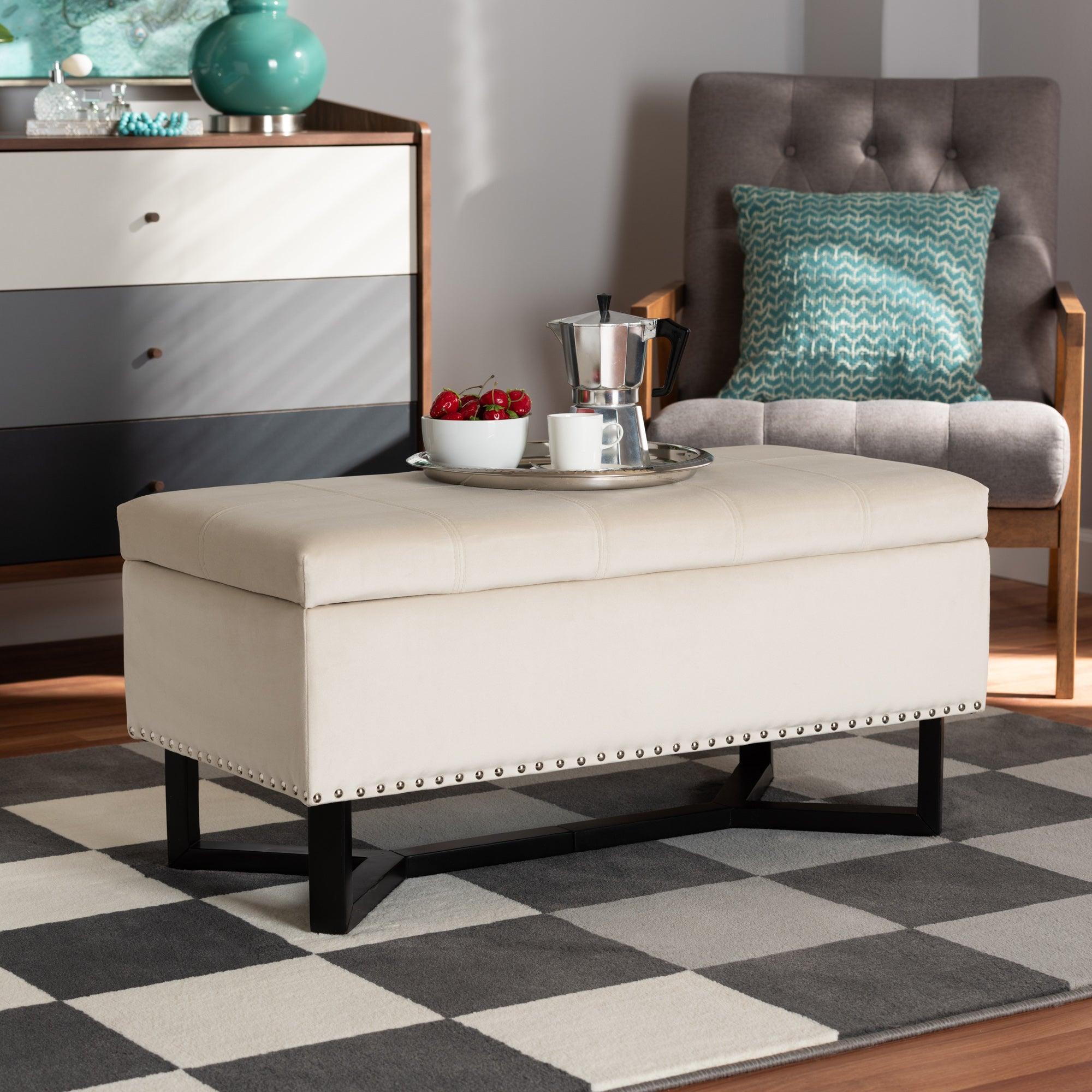 Esther Modern and Contemporary Velvet Fabric Upholstered and Finished Wood Storage Ottoman