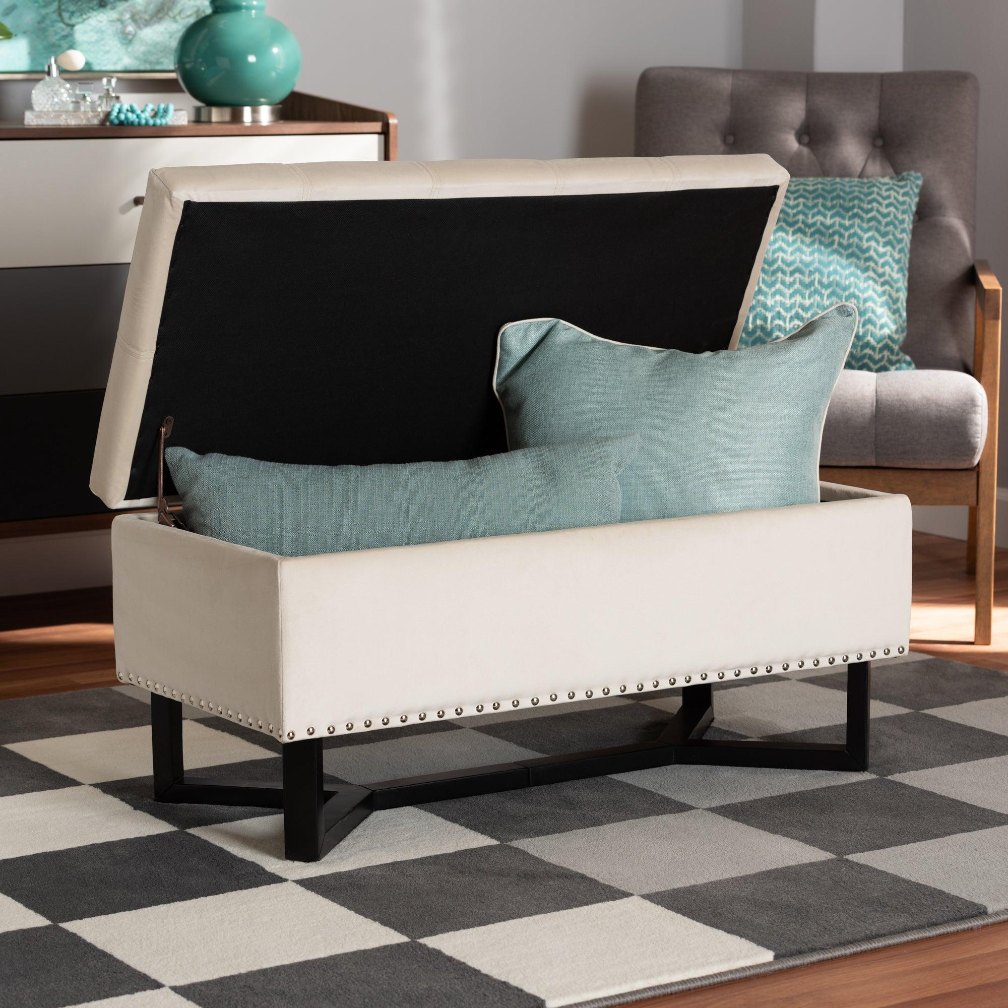 Esther Modern and Contemporary Velvet Fabric Upholstered and Finished Wood Storage Ottoman