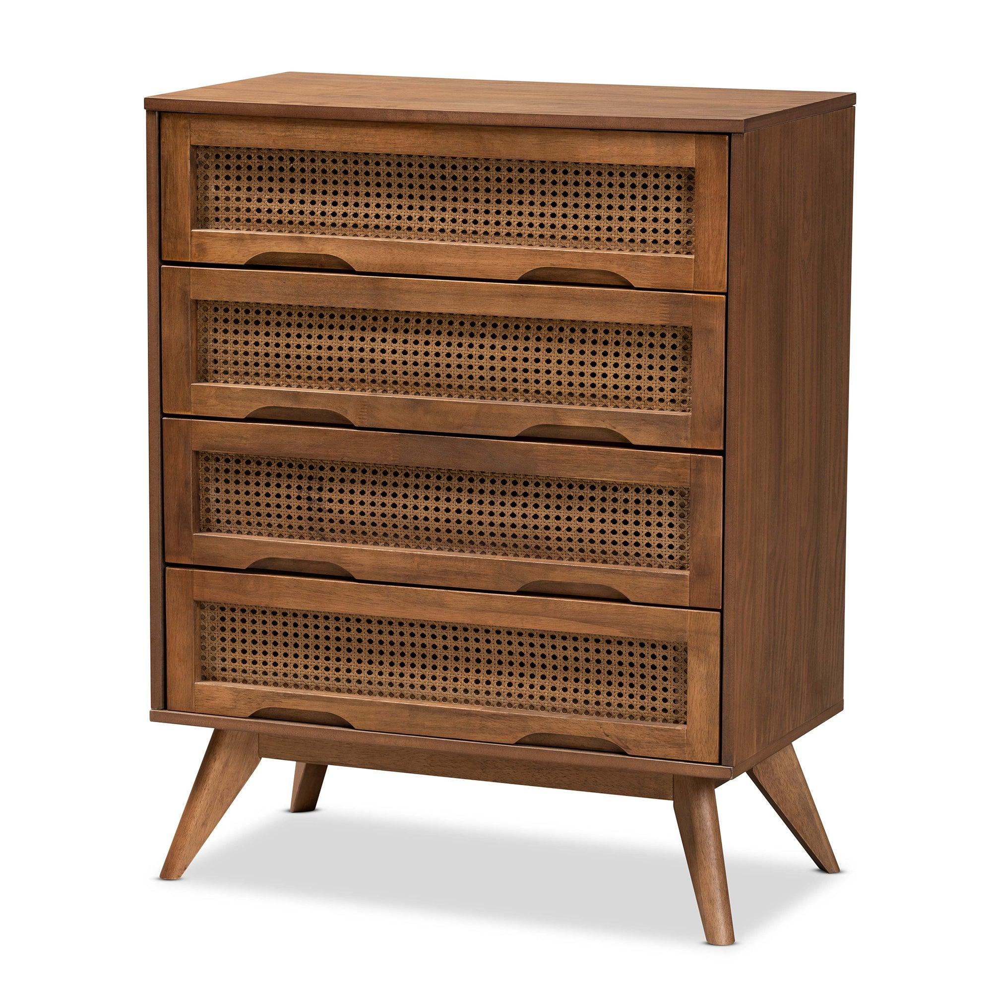 Barrett Mid-Century Modern Finished Wood and Synthetic Rattan 4-Drawer Chest