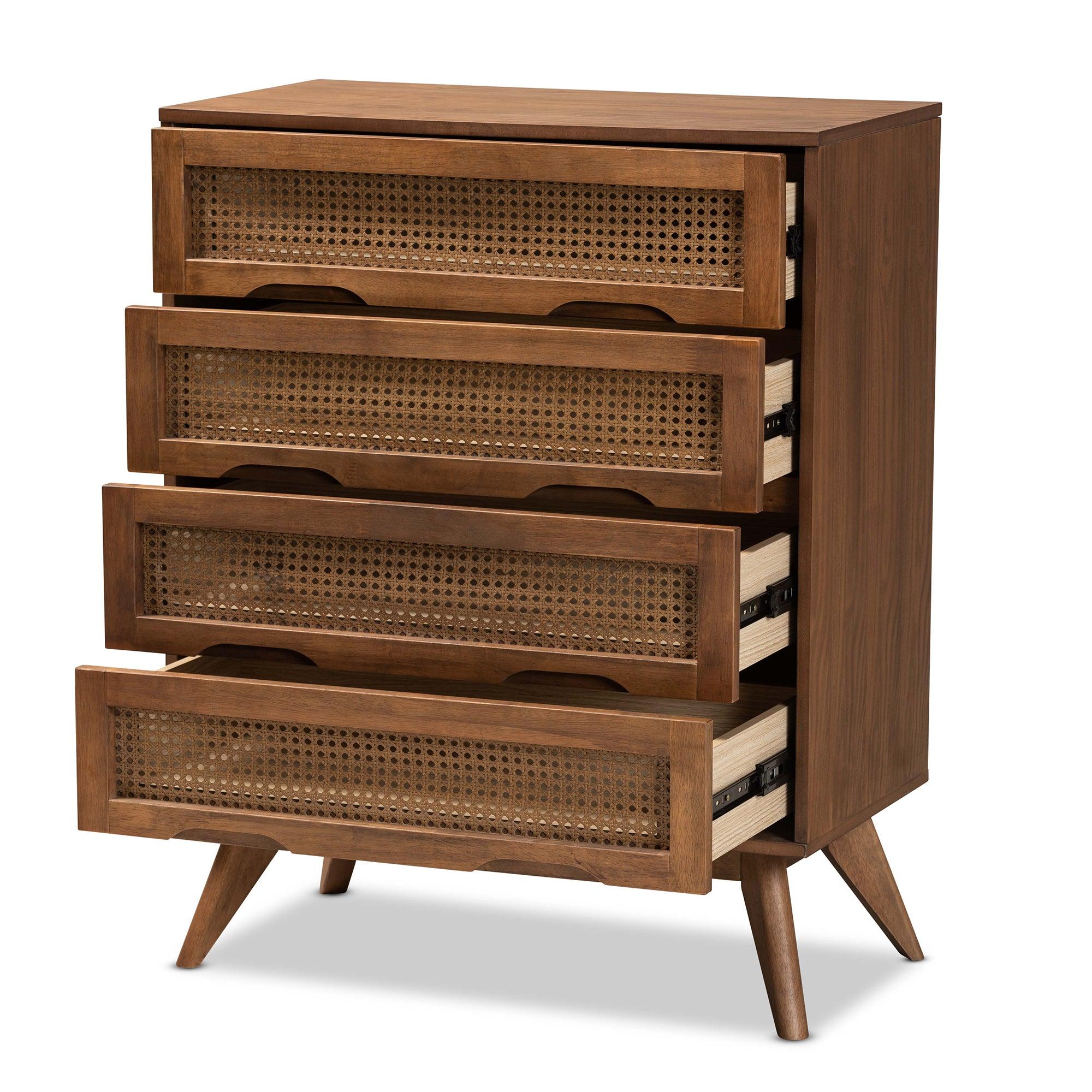 Barrett Mid-Century Modern Finished Wood and Synthetic Rattan 4-Drawer Chest