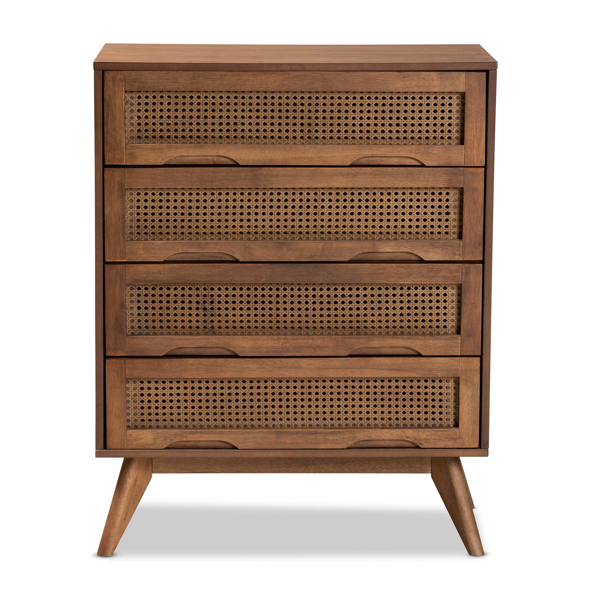 Barrett Mid-Century Modern Finished Wood and Synthetic Rattan 4-Drawer Chest