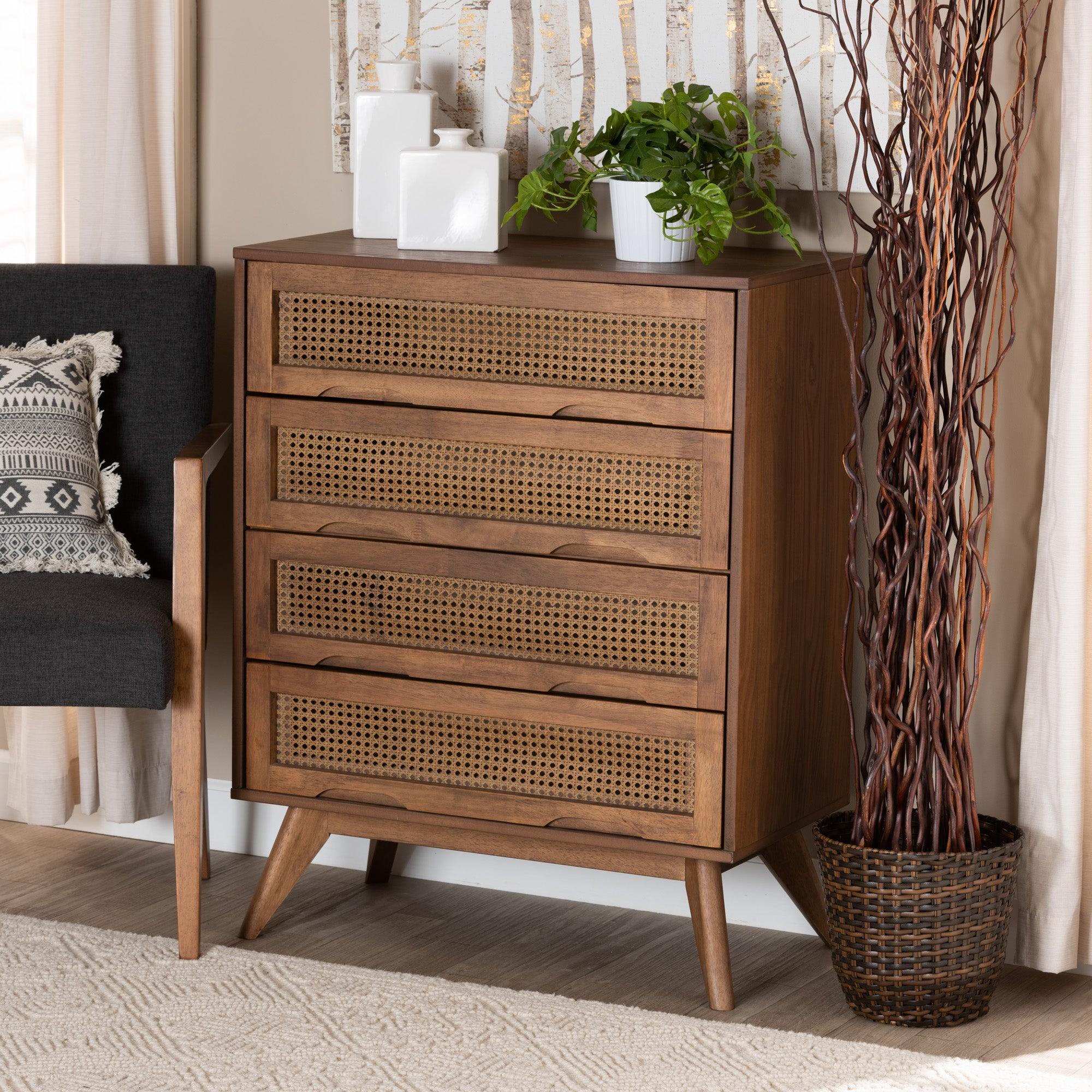 Barrett Mid-Century Modern Finished Wood and Synthetic Rattan 4-Drawer Chest