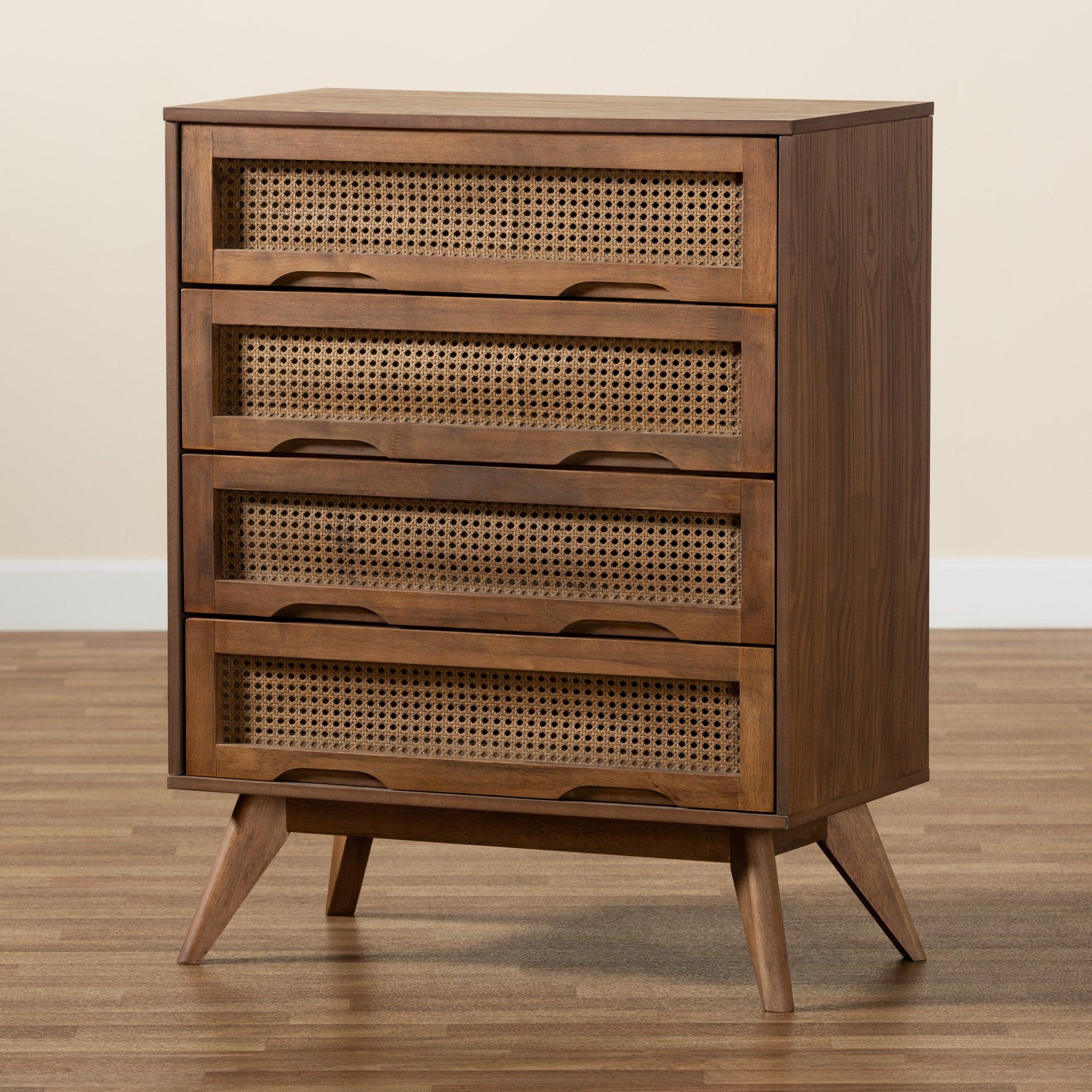 Barrett Mid-Century Modern Finished Wood and Synthetic Rattan 4-Drawer Chest