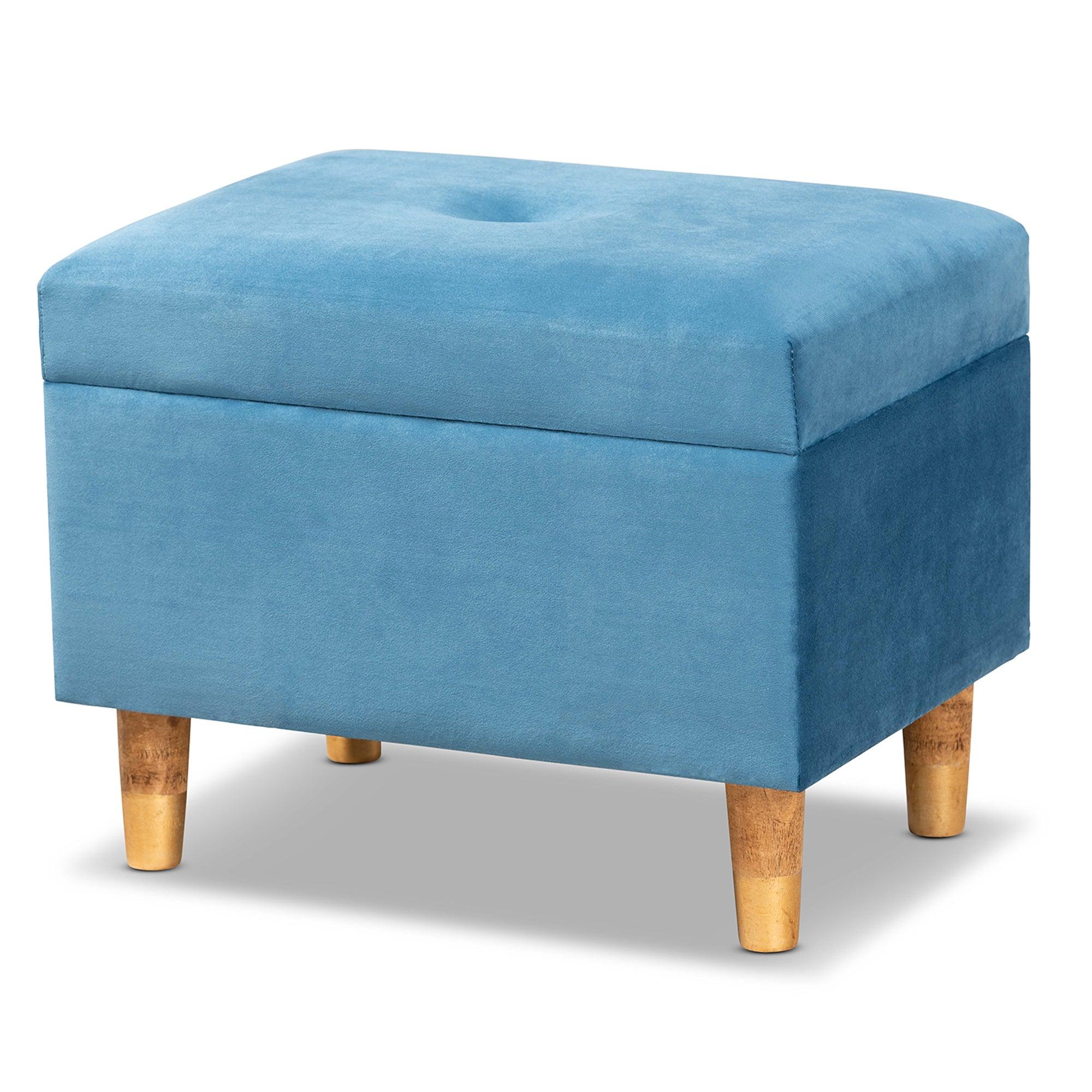 Elias Modern and Contemporary Sky Velvet Fabric Upholstered and Finished Wood Storage Ottoman