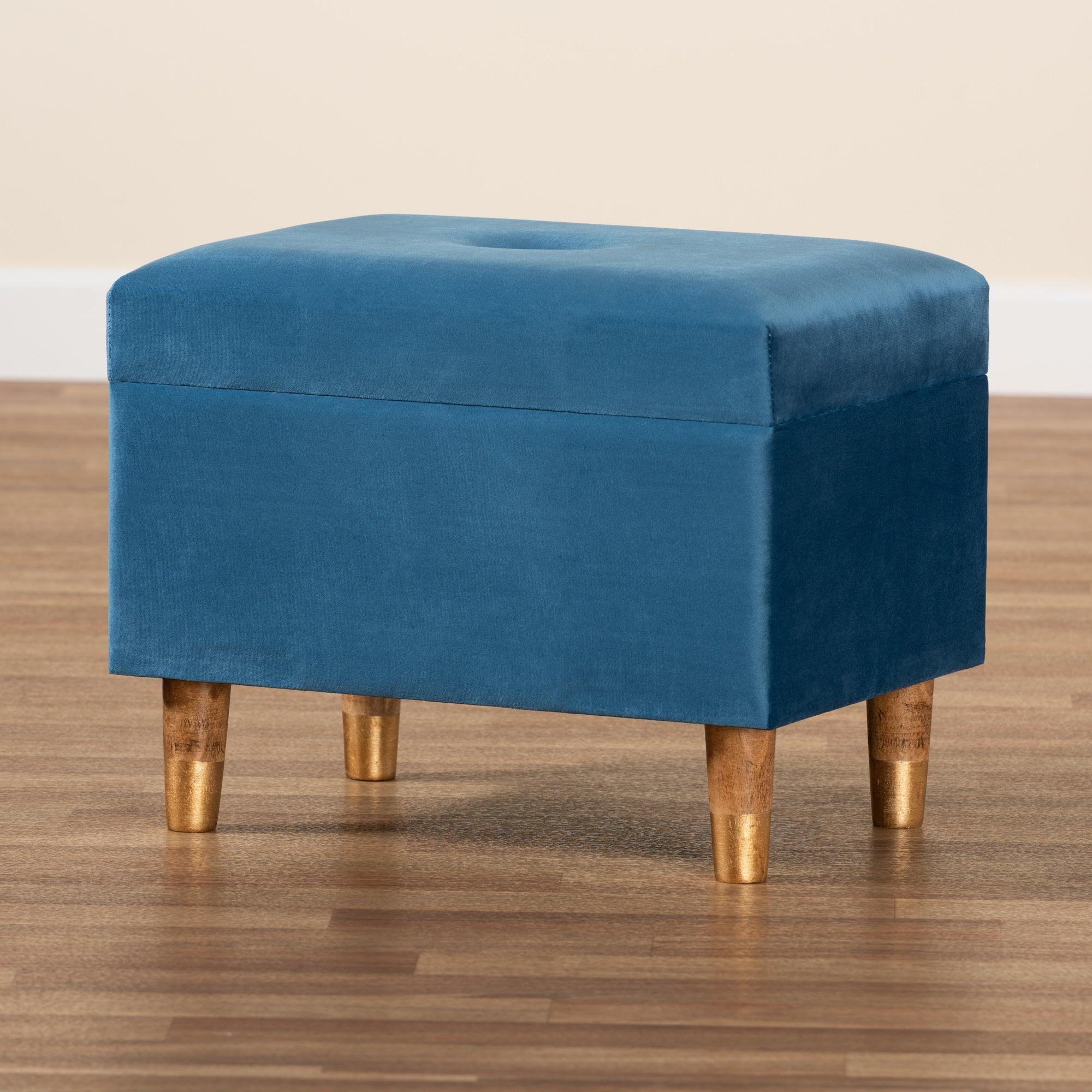 Elias Modern and Contemporary Sky Velvet Fabric Upholstered and Finished Wood Storage Ottoman