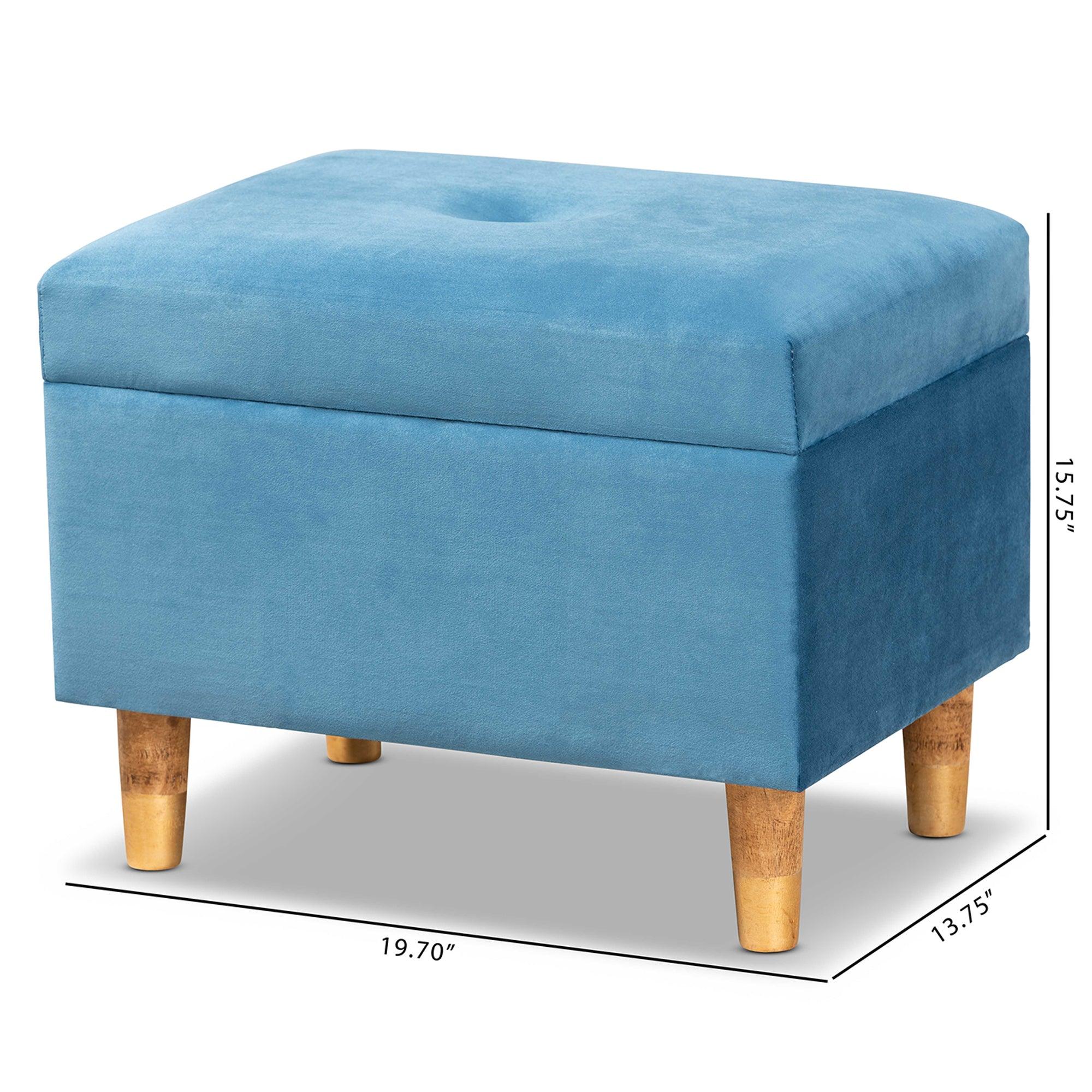 Elias Modern and Contemporary Sky Velvet Fabric Upholstered and Finished Wood Storage Ottoman