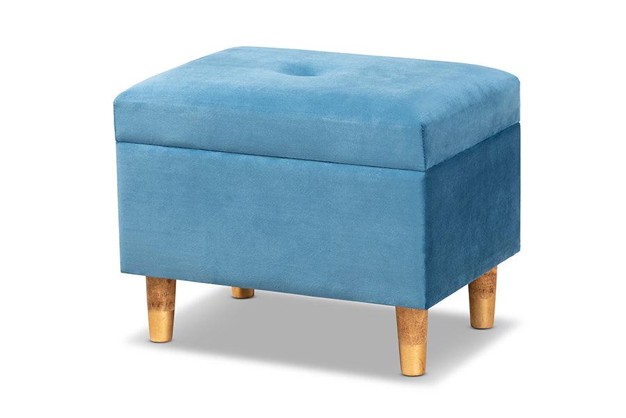 Elias Modern and Contemporary Sky Velvet Fabric Upholstered and Finished Wood Storage Ottoman