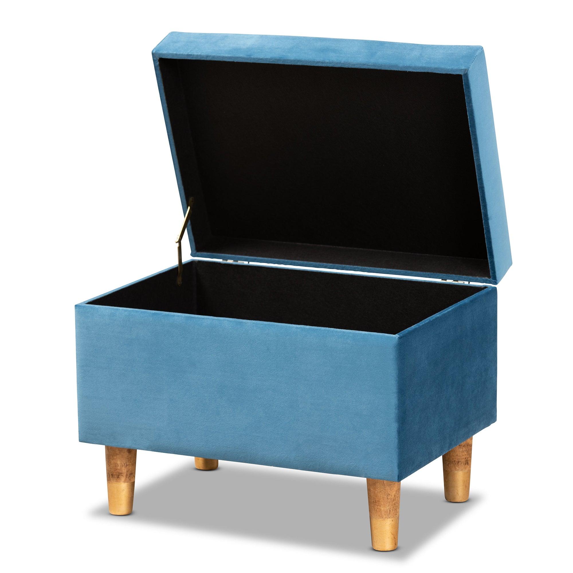 Elias Modern and Contemporary Sky Velvet Fabric Upholstered and Finished Wood Storage Ottoman